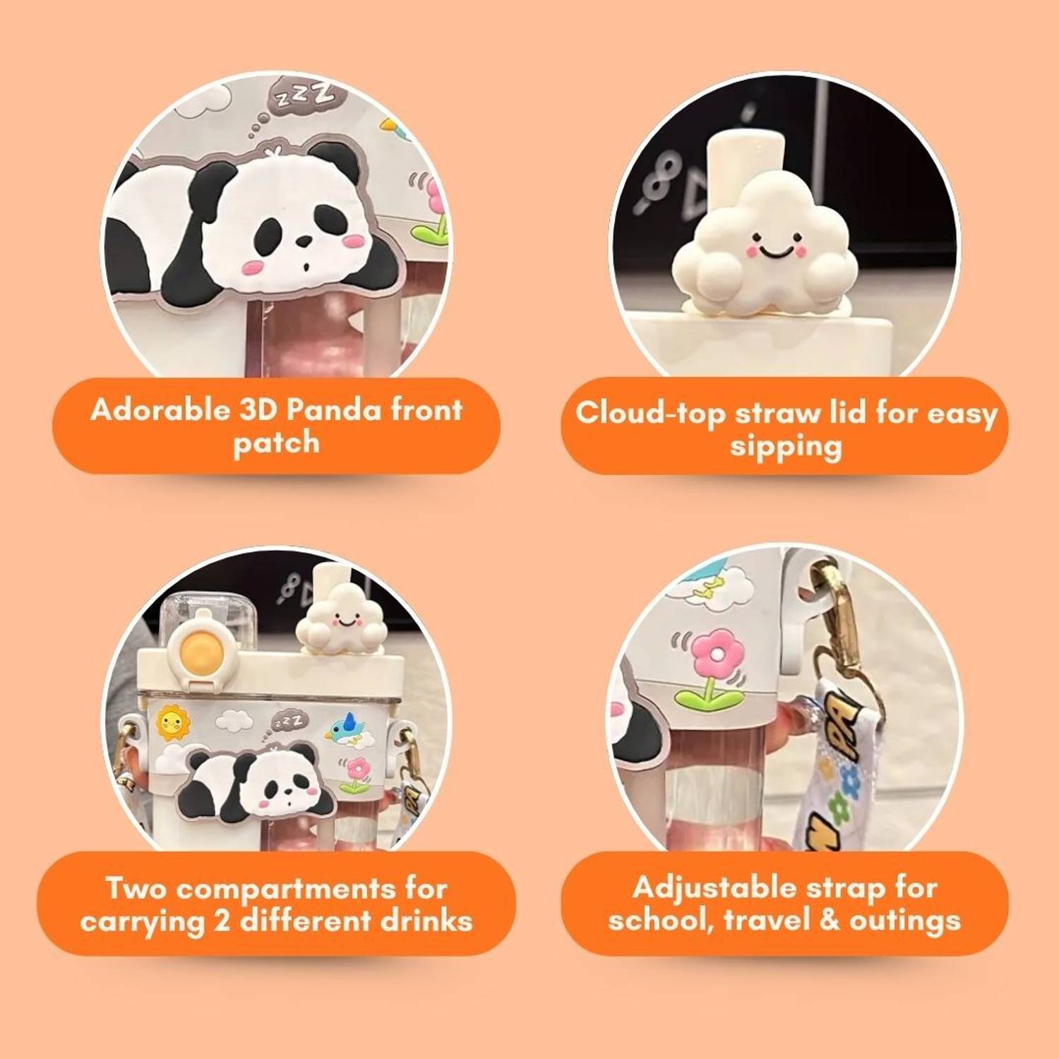 Doodle Dot Panda Design 2 Compartment Sipper Water Bottle for Kids - Image 2