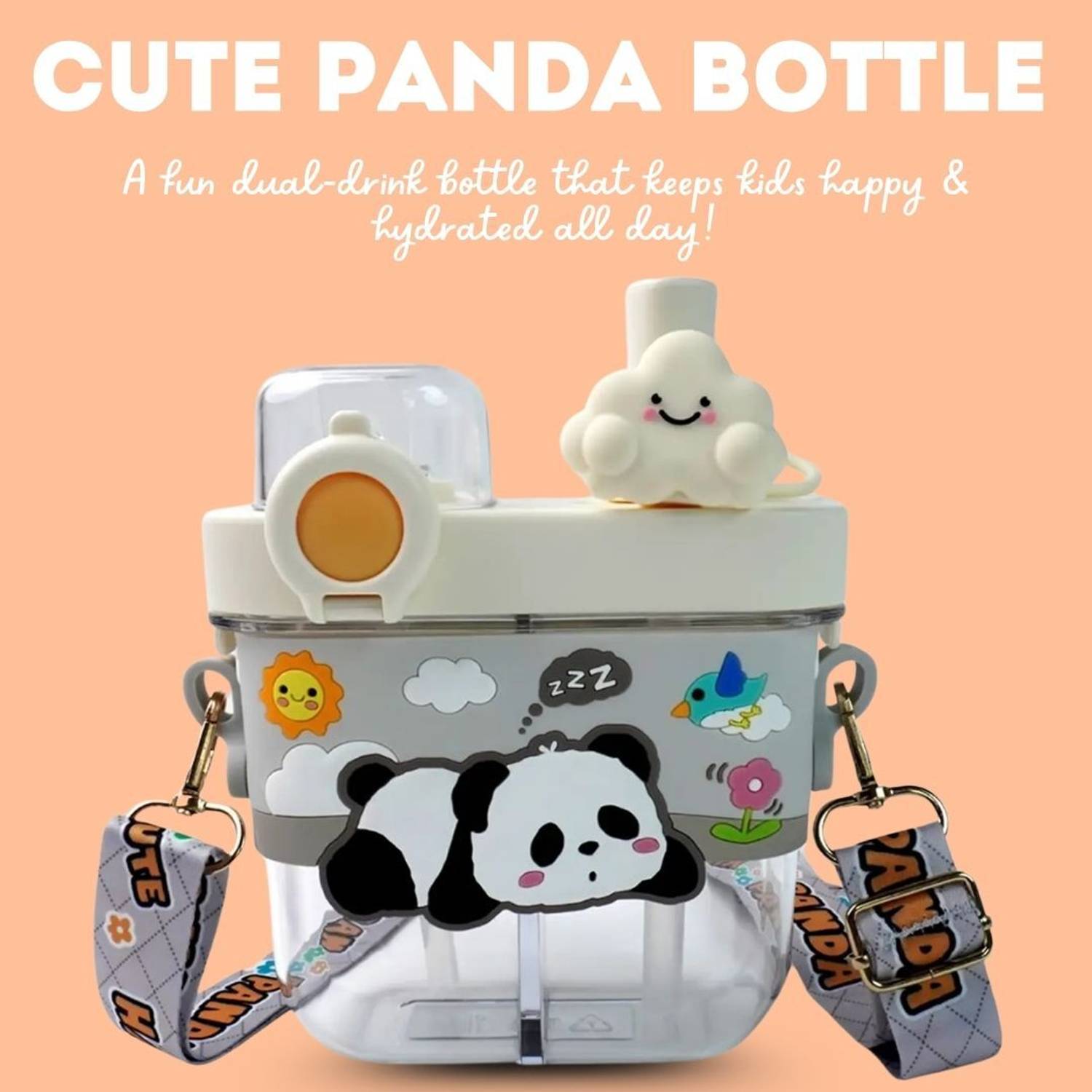 Doodle Dot Panda Design 2 Compartment Sipper Water Bottle for Kids - Image 1