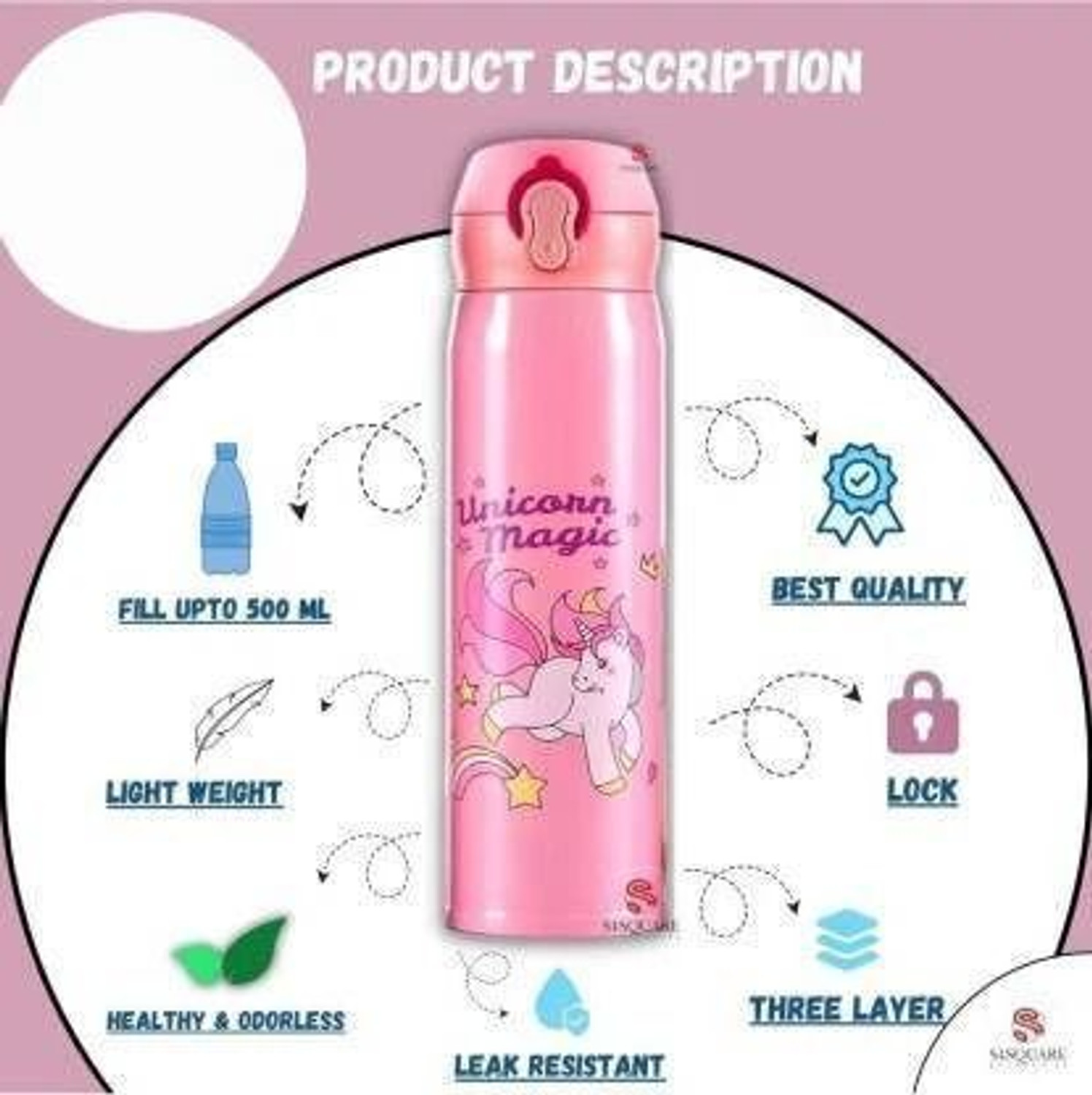 Image of Barbarik Cute Pink Unicorn Stainless Steel Thermos Insulated Flask Kids Tumbler 500 ml Water Bottle