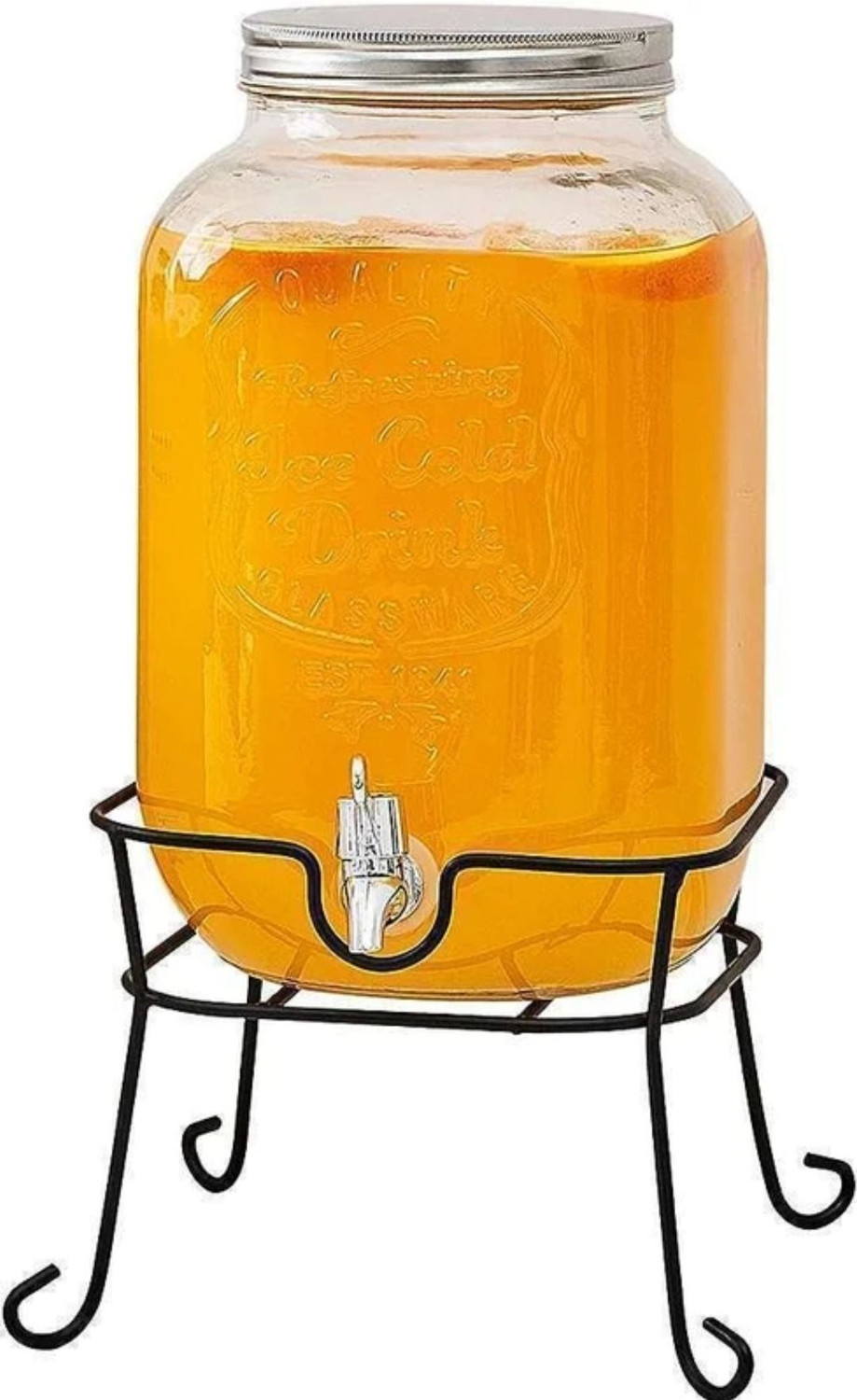 Image of DSRPC Glasswere Beverage 5LTR Dispenser With Silver Tap and Black Metal Stand Bottled Water Dispenser