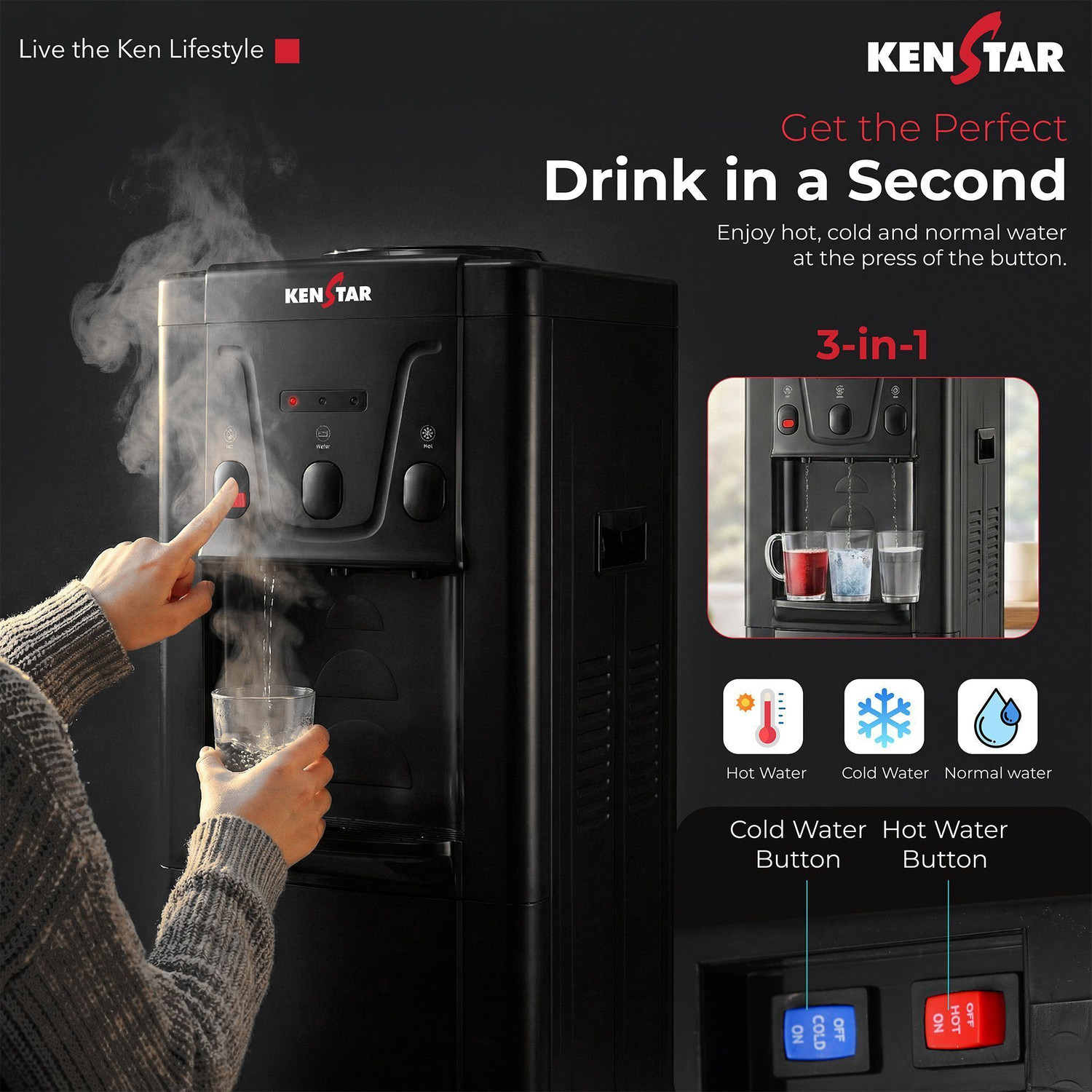 Image of Kenstar VELORA PLATINUM Bottled Water Dispenser with 3L Capacity 3 in 1 with Durable & Sleek Design Low Power Consumption Environment Friendly with 1 Year Brand Warranty
