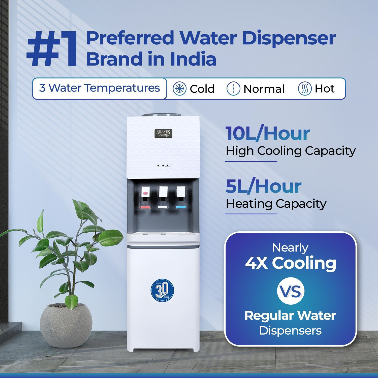 Image of ATLANTIS JUMBO PLUS (Hot, Normal & Cold) | 10Litres /Hour High Cooling Capacity Bottled Water Dispenser