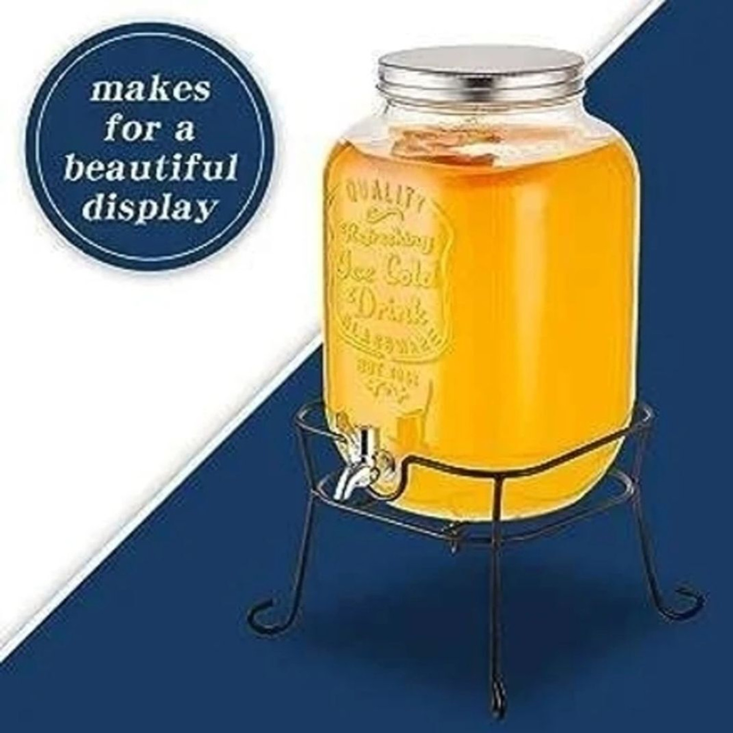 Image of DSRPC Glasswere Beverage 5LTR Dispenser With Silver Tap and Black Metal Stand Bottled Water Dispenser