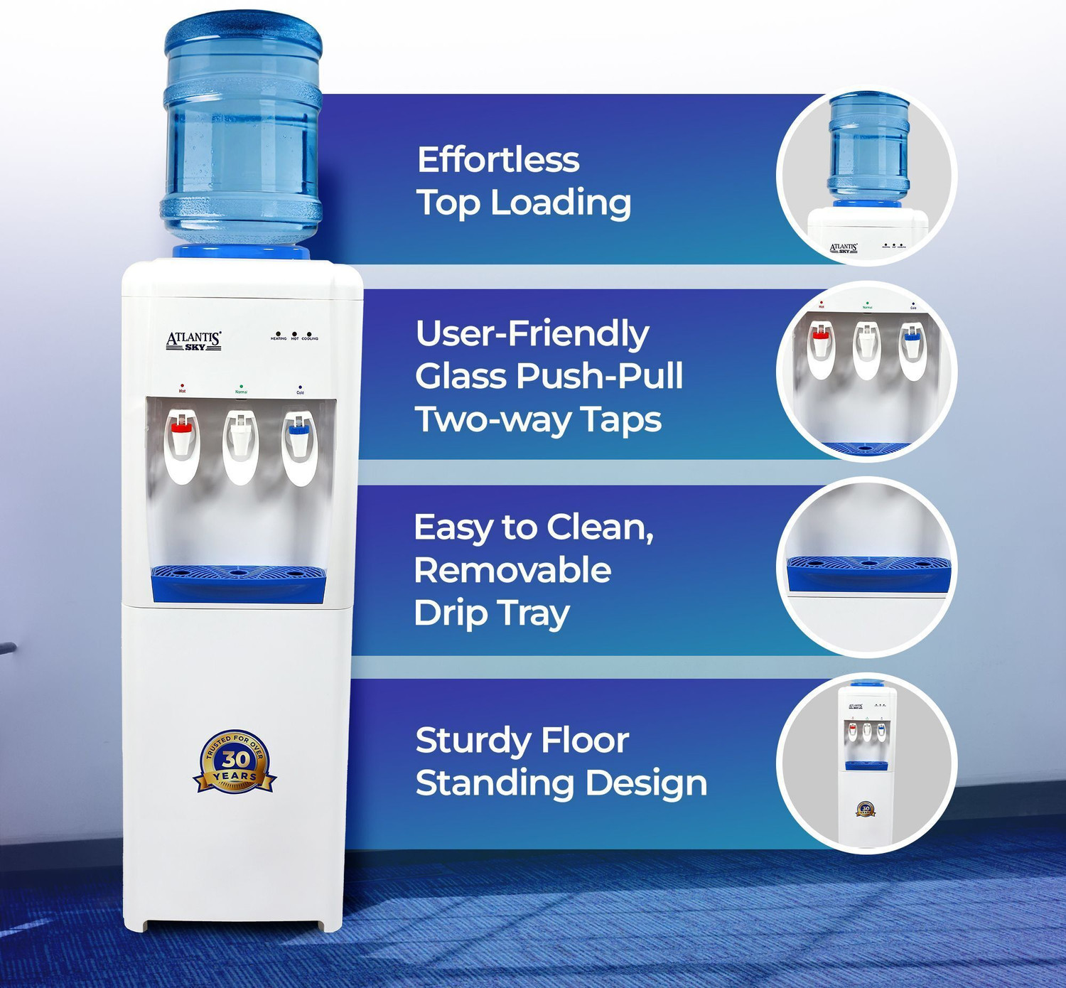Image of ATLANTIS SKY Hot, Normal & Cold | Floor Standing- 3 Taps Bottled Water Dispenser