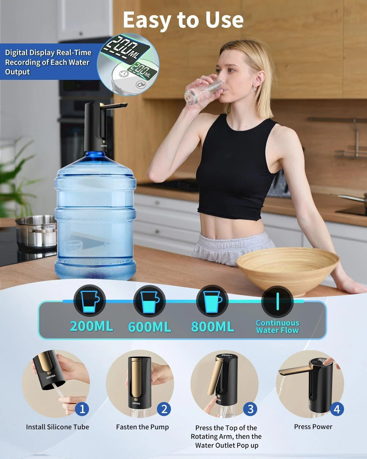 Image of Eopora Foldable Water Dispenser Pump for 20 Litre Bottle, Rechargeable Water Dispenser Bottom Loading Water Dispenser