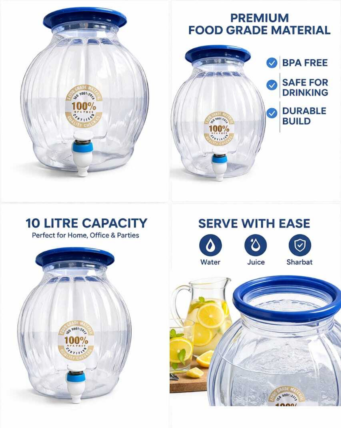 Image of RRR ENTERPRISE 10 Litre Water Dispenser Jar with Tap | Food Grade Plastic | Leak Proof Spigot Bottled Water Dispenser