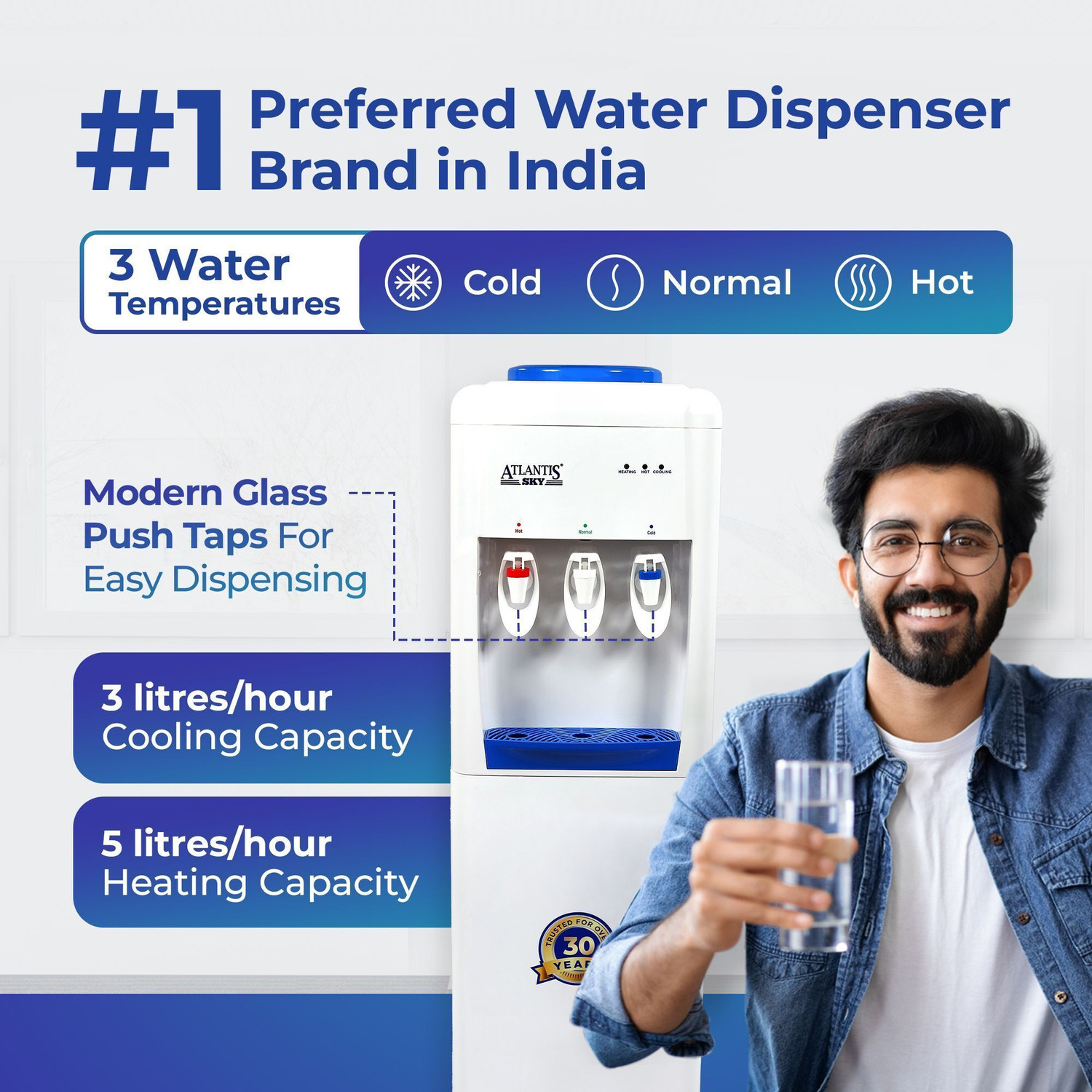 Image of ATLANTIS SKY Hot, Normal & Cold | Floor Standing- 3 Taps Bottled Water Dispenser