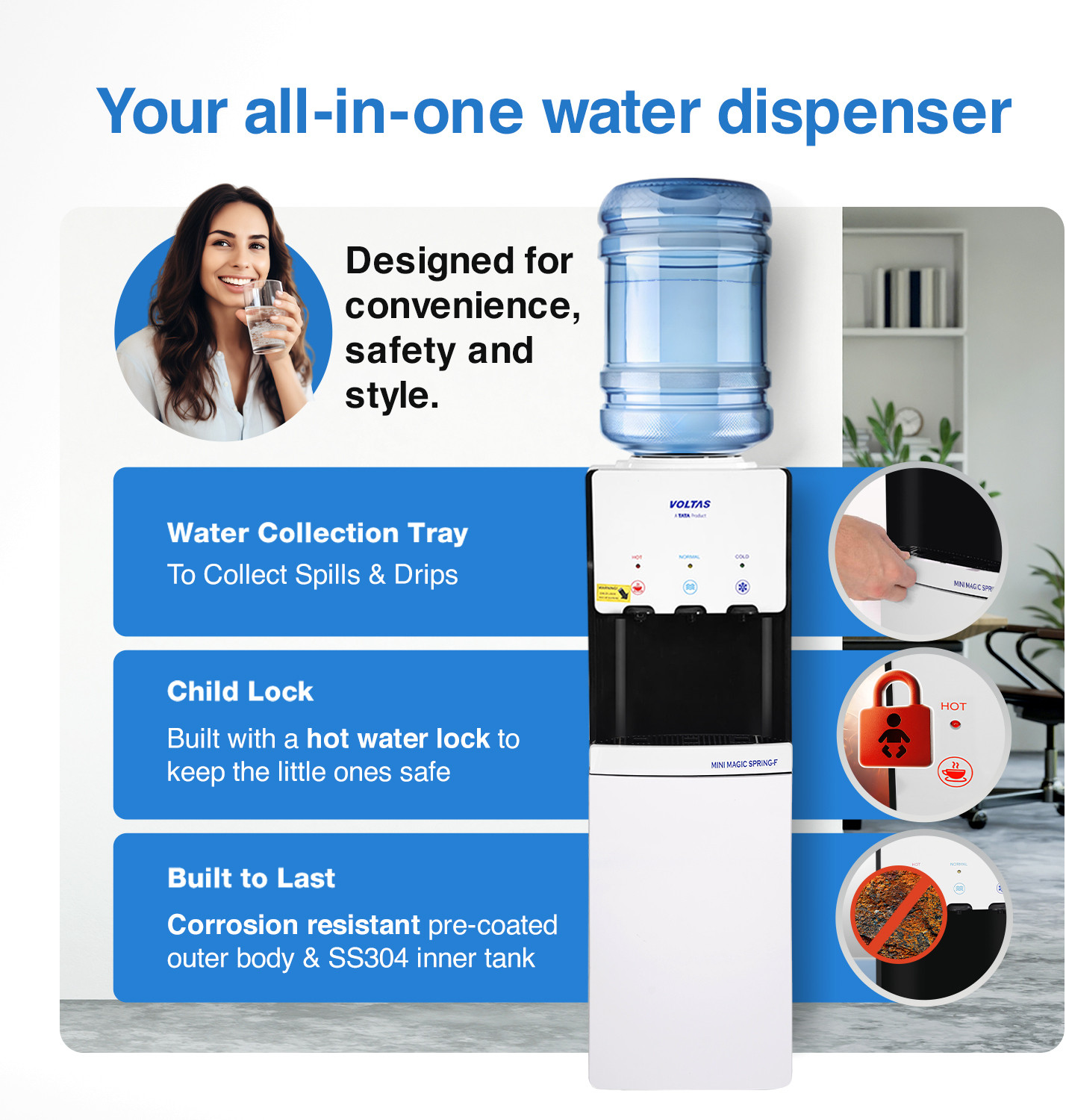 Image of Voltas MINIMAGIC SPRING F V PLUS Bottom Loading Water Dispenser with Bottled Water Dispenser |Cabinet With Refrigerator |Low Power Consumption