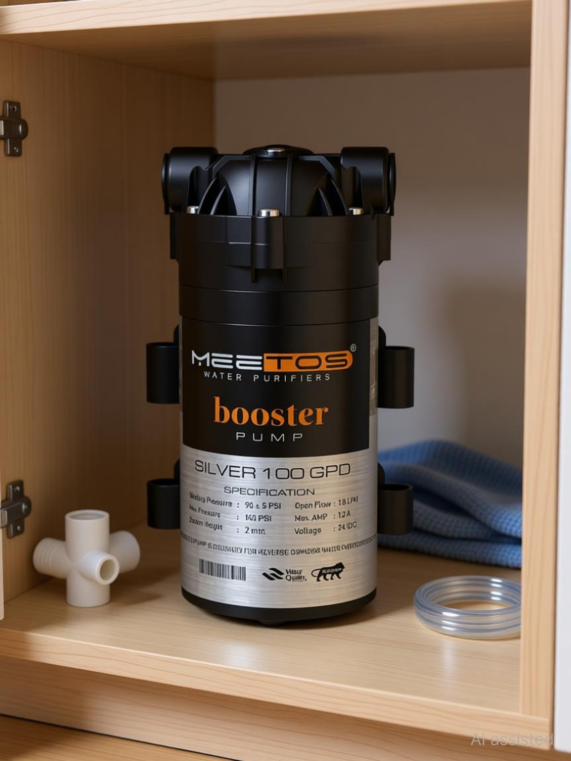 Image of MEETOS RO Booster Pump Silver 100 GPD Compatible with All RO Systems, 2 Year Warranty Solid Filter Cartridge
