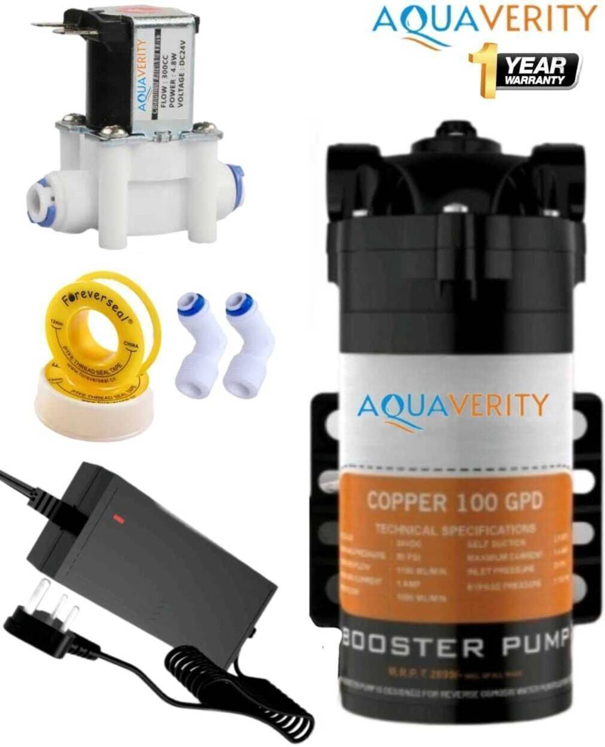 AQUAVERITY RO Booster Pump Kit | 100 GPD Copper Pump with Adapter, Solenoid Valve Solid Filter Cartridge