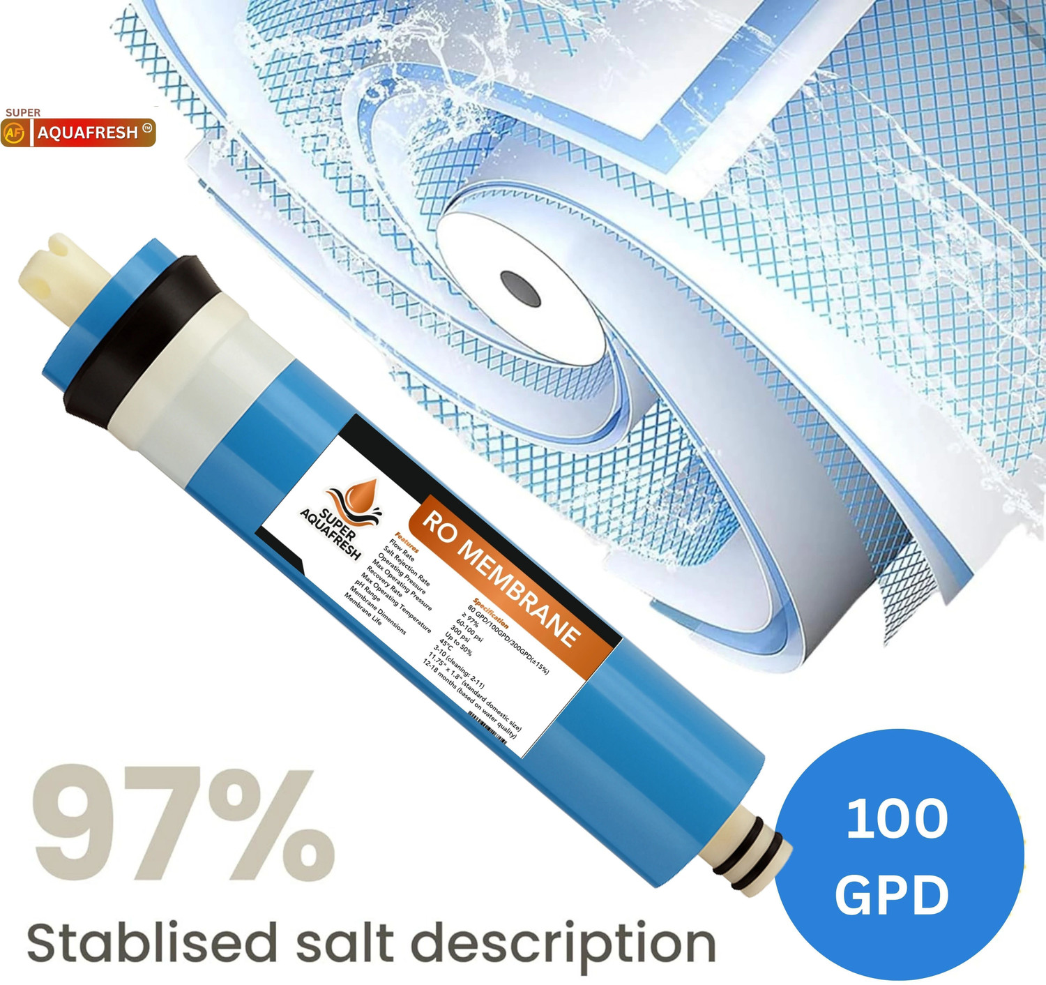 Image of SUPER AQUAFRESH RO Membrane 100 GPD Works Till 2000 TDS Solid Filter Cartridge (00.5, Pack of 1)