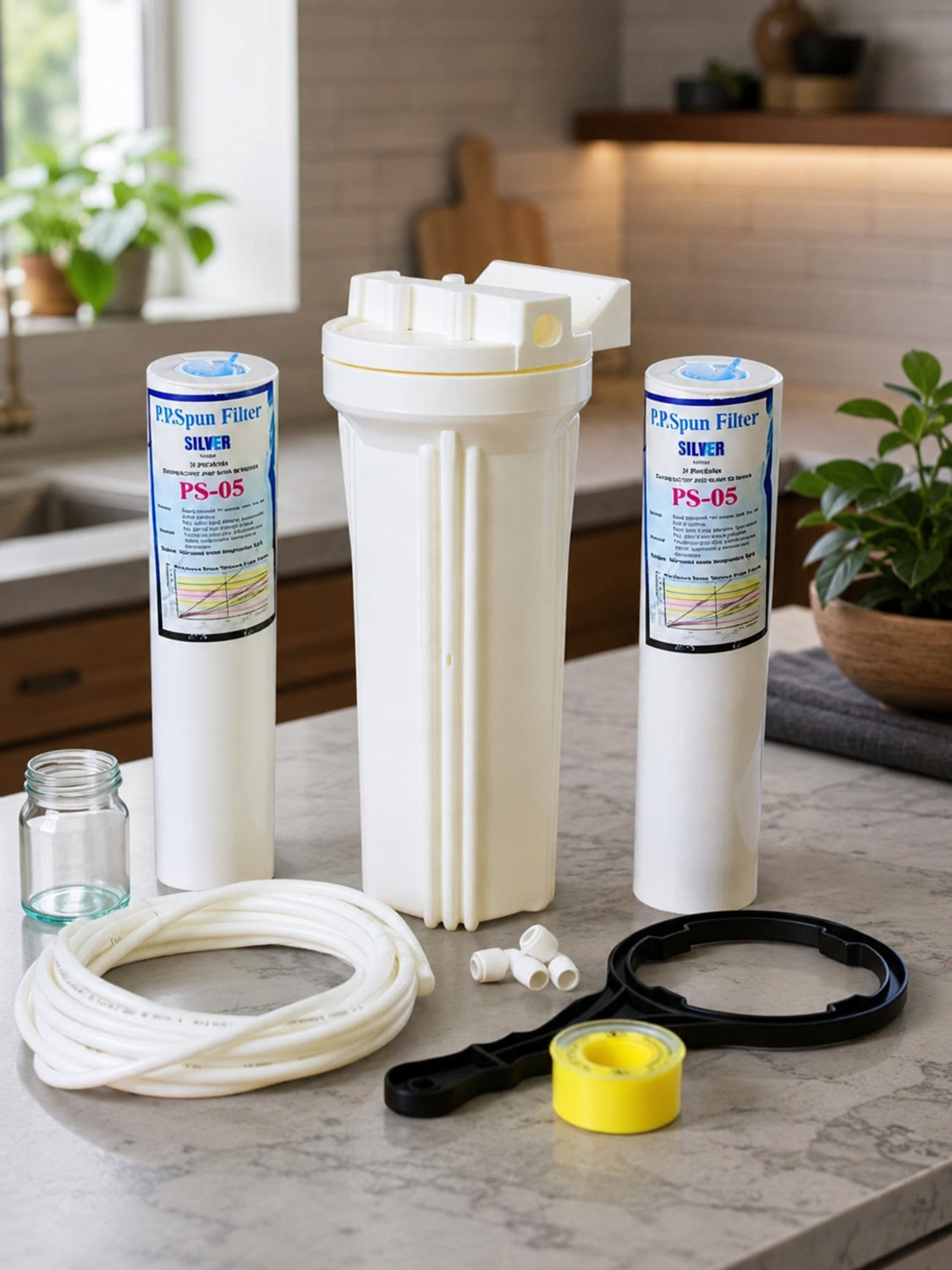 Image of MGSHOP Pre-Filter Bowl with Two 10 inch PP Spun Filter and Spanner for All Water Purifier Solid Filter Cartridge (0.5, Pack of 1)