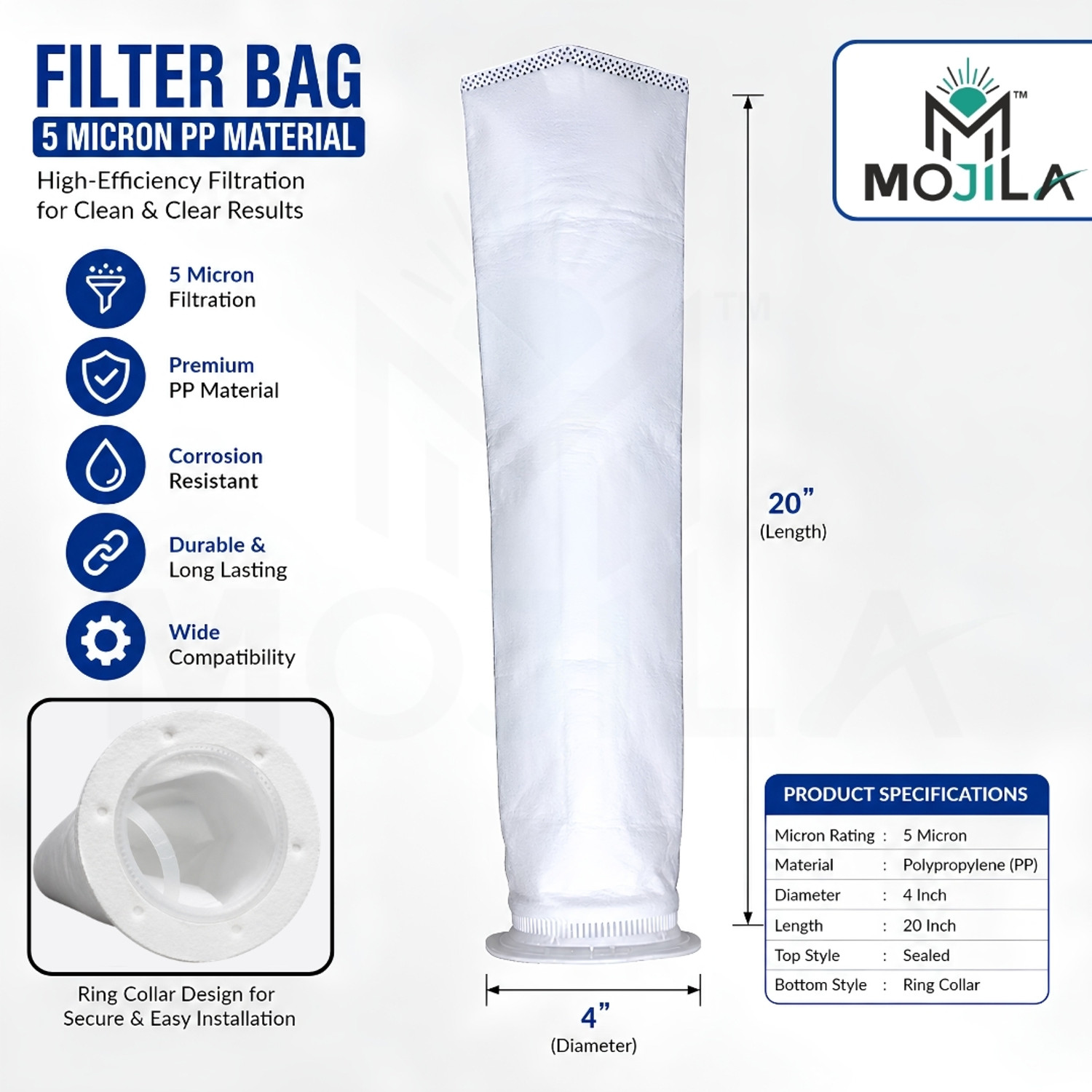 Image of MOJILA 5 micron filter bag water tank filter bag 20 Inch PP Compatible Solid Filter Cartridge (5, Pack of 2)
