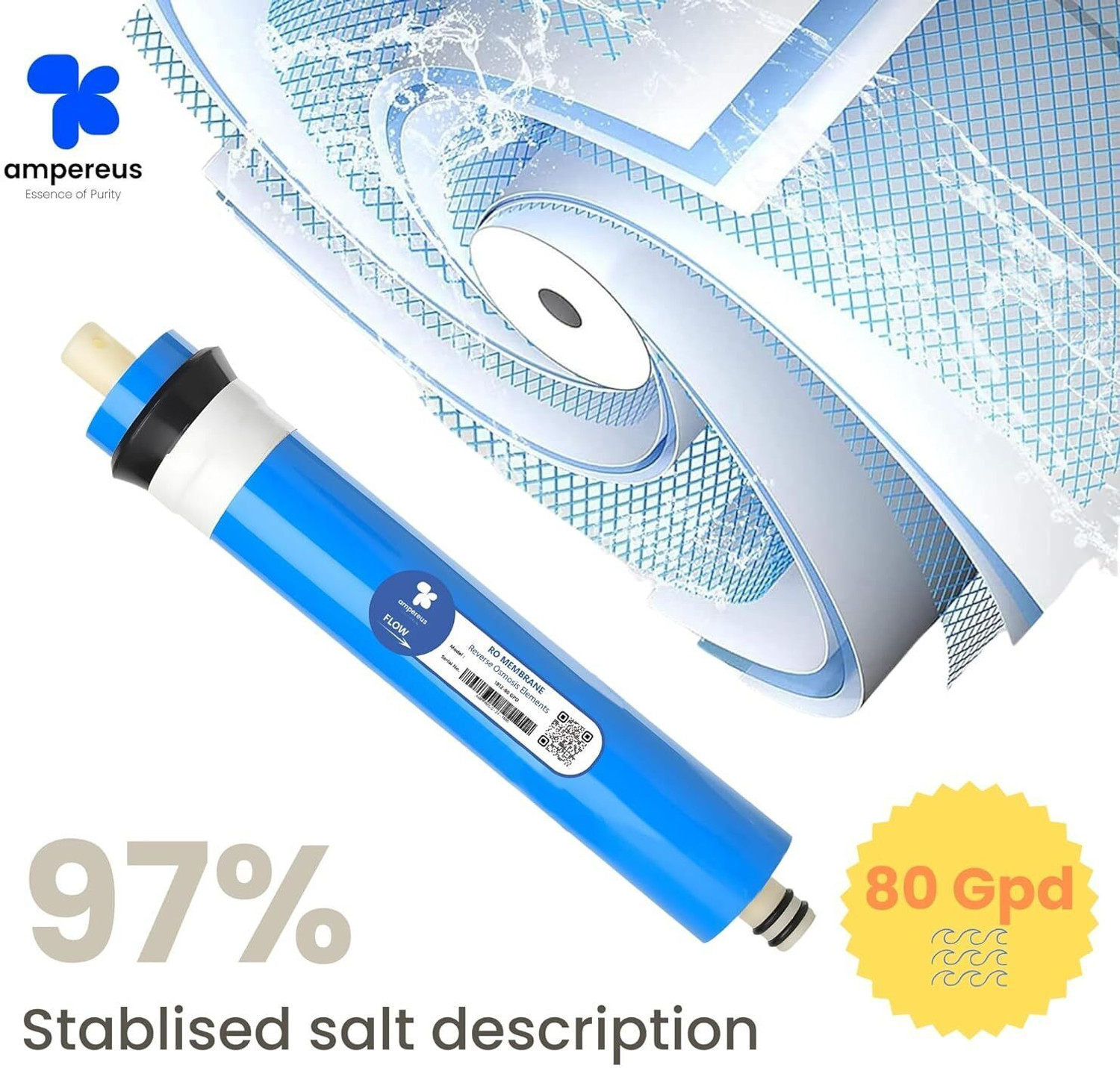 Image of AMPEREUS RO Membrane Works Till 1500 TDS Anti-Bacterial Suitable for All Water Purifiers Solid Filter Cartridge