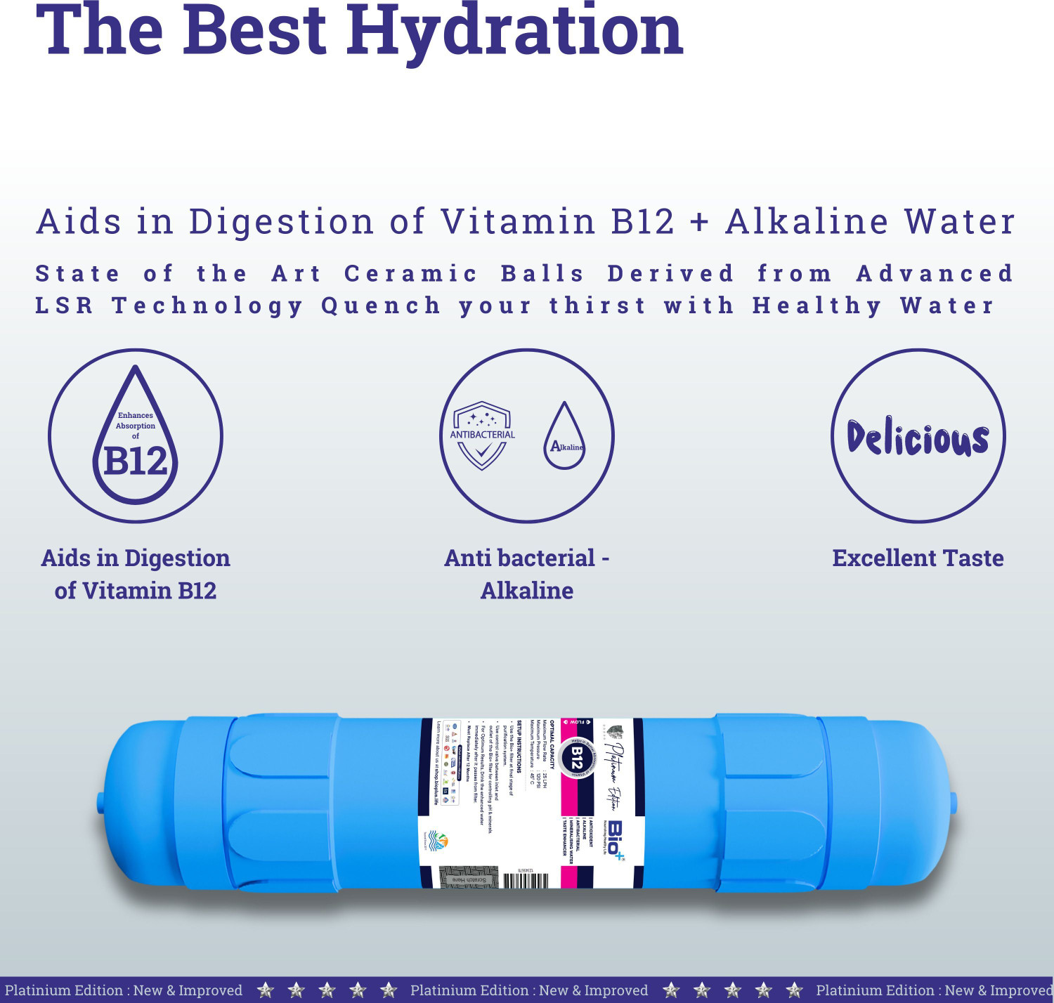 Image of Bioplus B12 Alkaline Water Filter for RO | Antioxidant, Taste Enhancer 11 inch Filter-Blue| Media Filter Cartridge