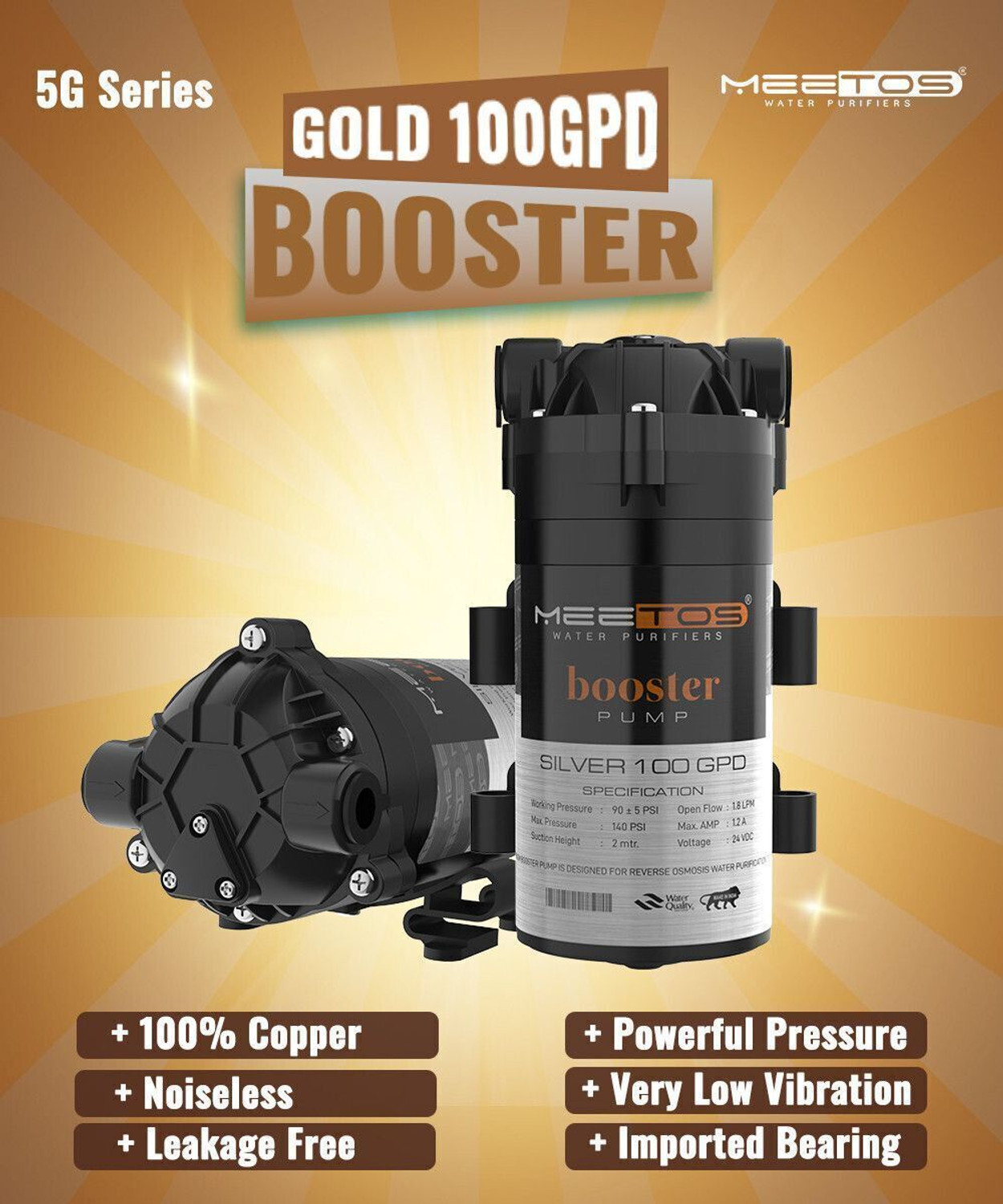 Image of MEETOS RO Booster Pump Silver 100 GPD Compatible with All RO Systems, 2 Year Warranty Solid Filter Cartridge