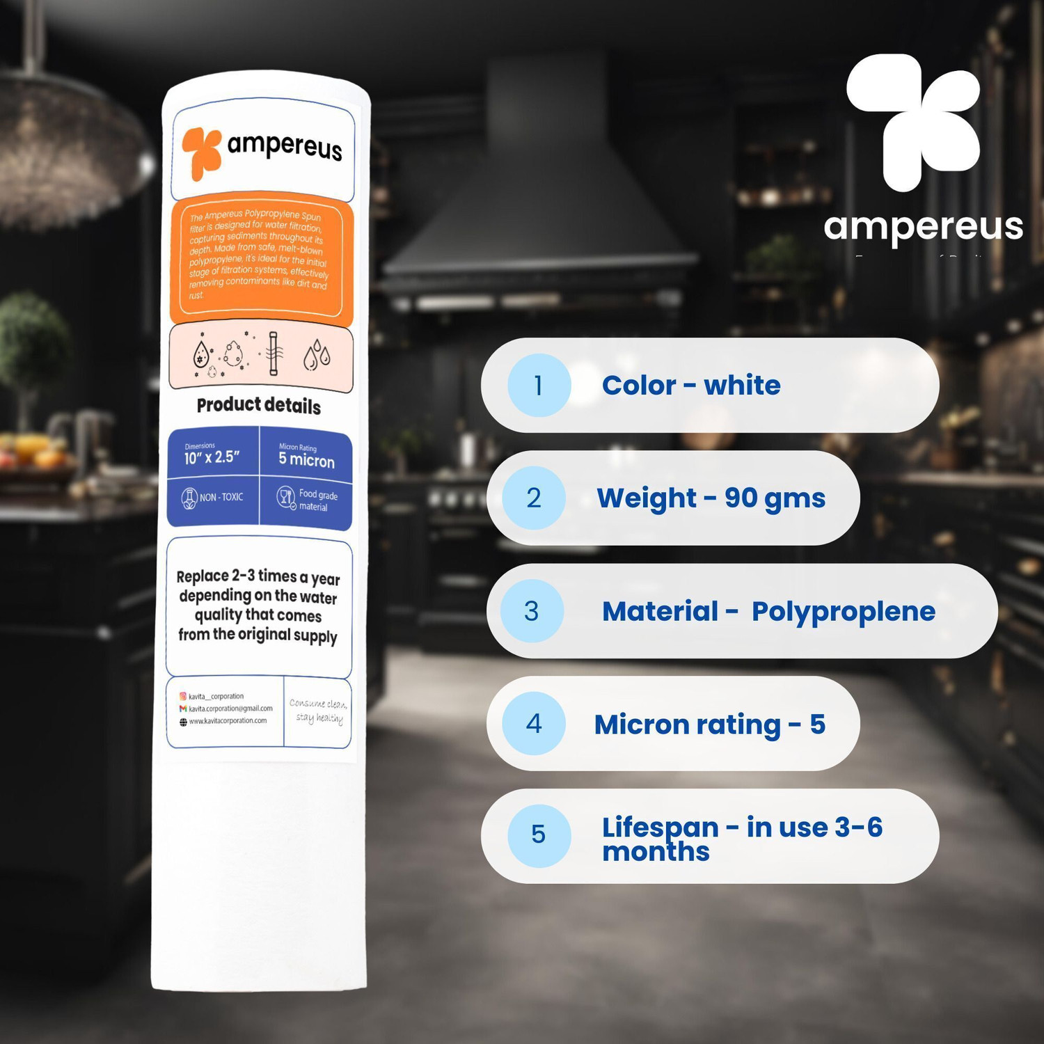 Image of AMPEREUS 5pcs PP Spun Filter + 1 Spanner | for All Types of RO Water purifiers (5 Piece, White, 10 Inch, 5 Micron) - RO Spun Filter Cartridge Water Filter Candle Solid Filter Cartridge