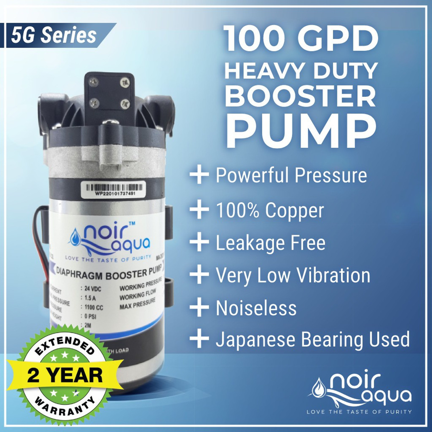 Image of Noir Aqua RO Booster Pump Motor 100 GPD Heavy Duty 100% Copper, 2 Year Warranty Diaphragm Water Pump