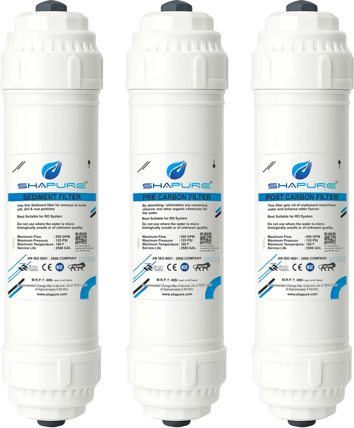 Image of SHAPURE Sediment Pre & Post Carbon Inline Filters For RO Water Purifier With Connectors Solid Filter Cartridge