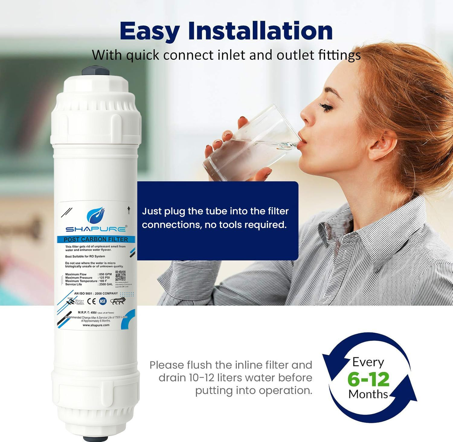 Image of SHAPURE Sediment Pre & Post Carbon Inline Filters For RO Water Purifier With Connectors Solid Filter Cartridge