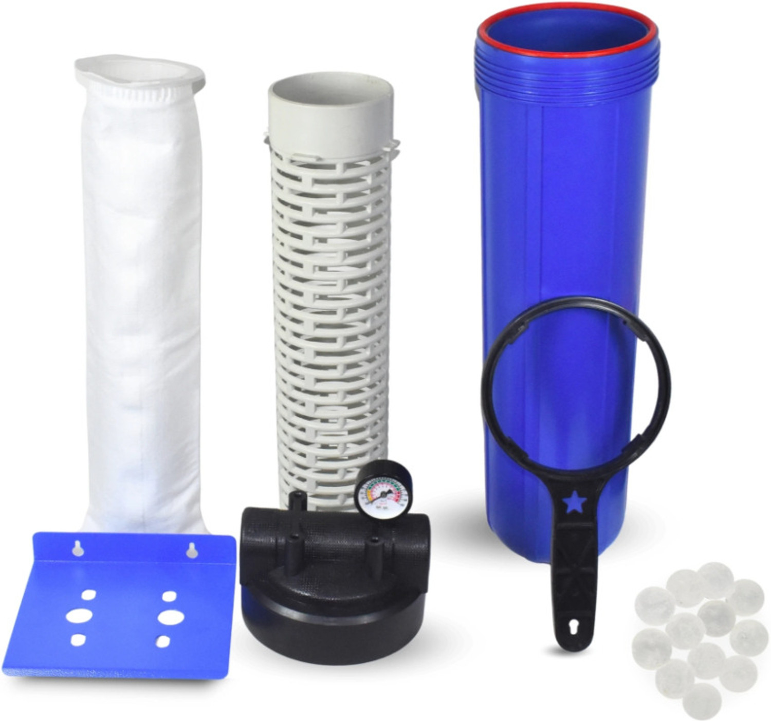Image of AQUA BLUE ONE 20-Inch Bag Filter Assembly For Water Tank With Balls (1-inch Inlet-Outlet) Solid Filter Cartridge (8, Pack of 3)