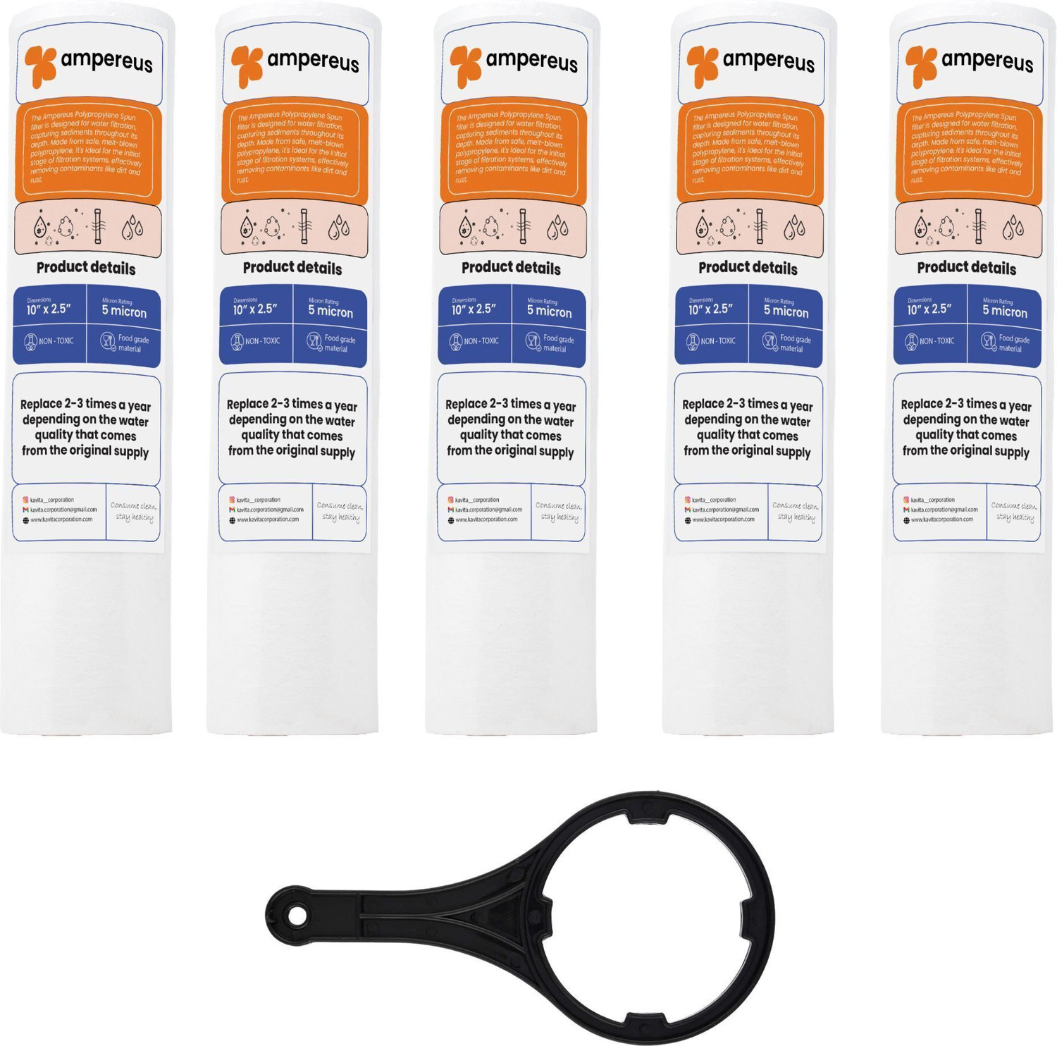 Image of AMPEREUS 5pcs PP Spun Filter + 1 Spanner | for All Types of RO Water purifiers (5 Piece, White, 10 Inch, 5 Micron) - RO Spun Filter Cartridge Water Filter Candle Solid Filter Cartridge