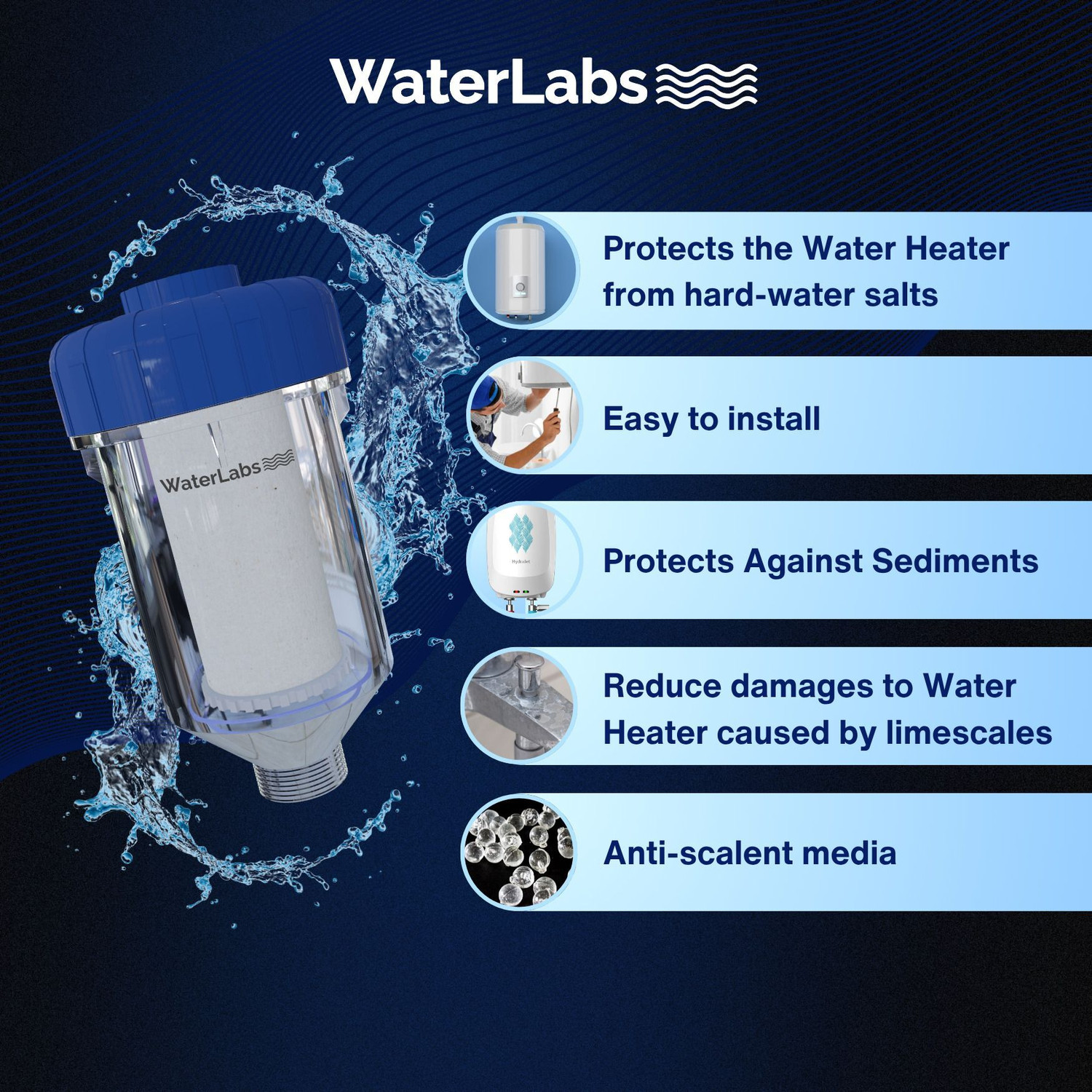 Image of WaterLabs WHF-02 Geyser Filter for Hard Water & Sediments | Stops Limescale, Rust Build-Up Solid Filter Cartridge