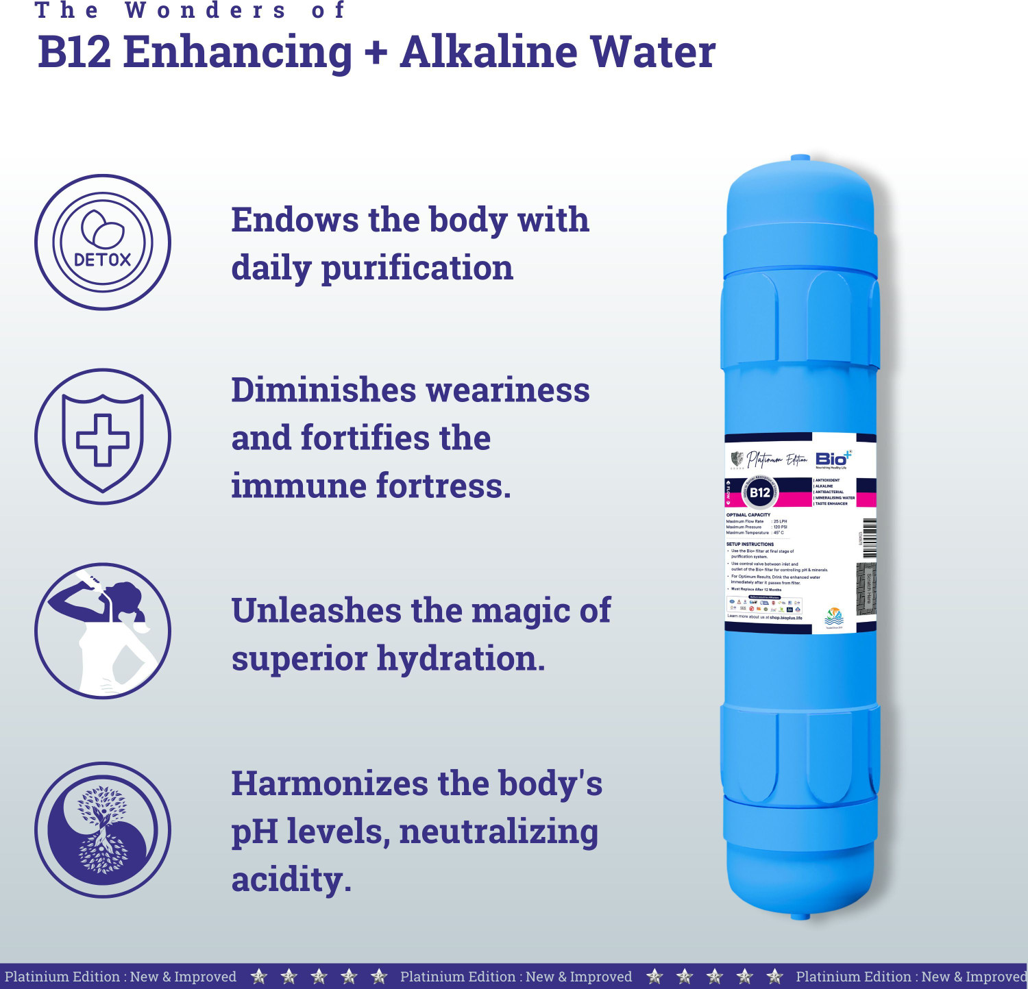 Image of Bioplus B12 Alkaline Water Filter for RO | Antioxidant, Taste Enhancer 11 inch Filter-Blue| Media Filter Cartridge