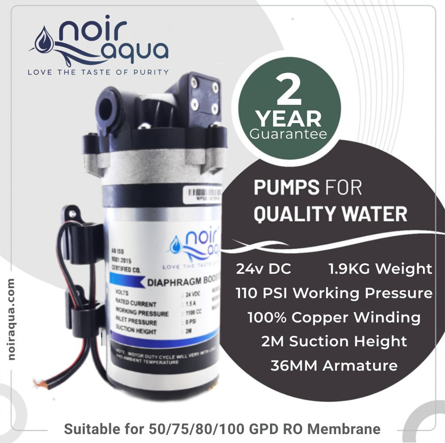 Image of Noir Aqua RO Booster Pump Motor 100 GPD Heavy Duty 100% Copper, 2 Year Warranty Diaphragm Water Pump