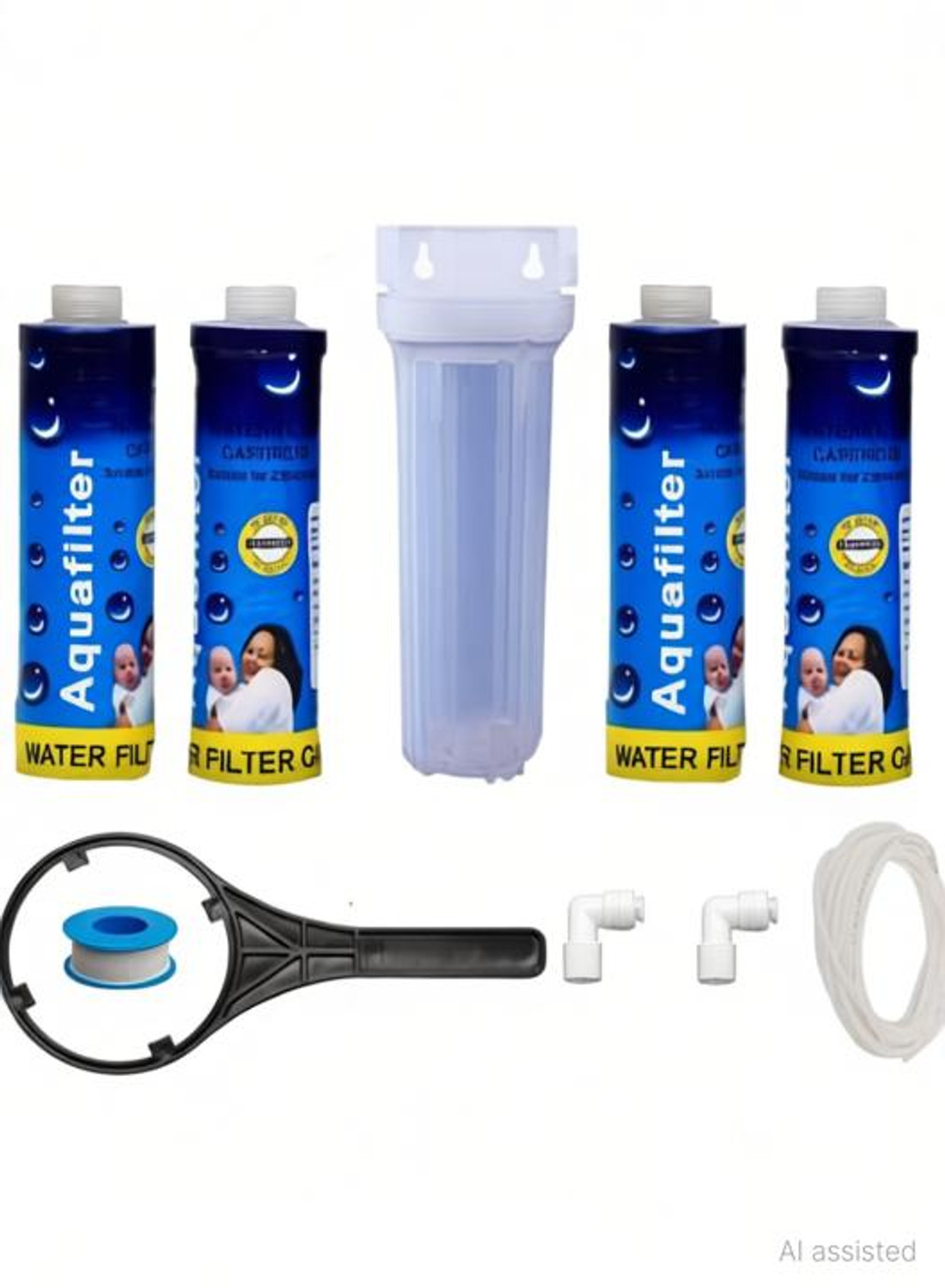 Image of GE FILTRATION by NA Aquafilter Prefilter set kit for all domestic RO water purifier /Complete filter set Pack of (Transparent housing with 4 pcs candle filter 10inch+wrench+elbows+Teflon and pipe 2 meter 1 /4) Solid Filter Cartridge