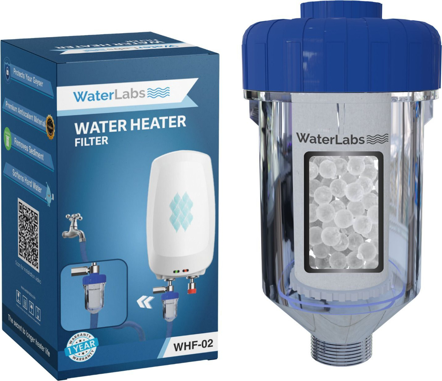 Image of WaterLabs WHF-02 Geyser Filter for Hard Water & Sediments | Stops Limescale, Rust Build-Up Solid Filter Cartridge