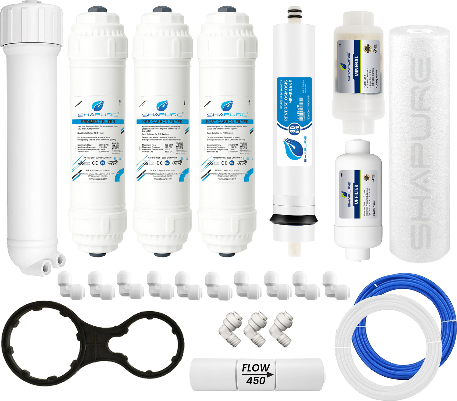 Image of SHAPURE RO Service Kit with 80 GPD Membrane & Filters Fits with All Water Purifier Solid Filter Cartridge