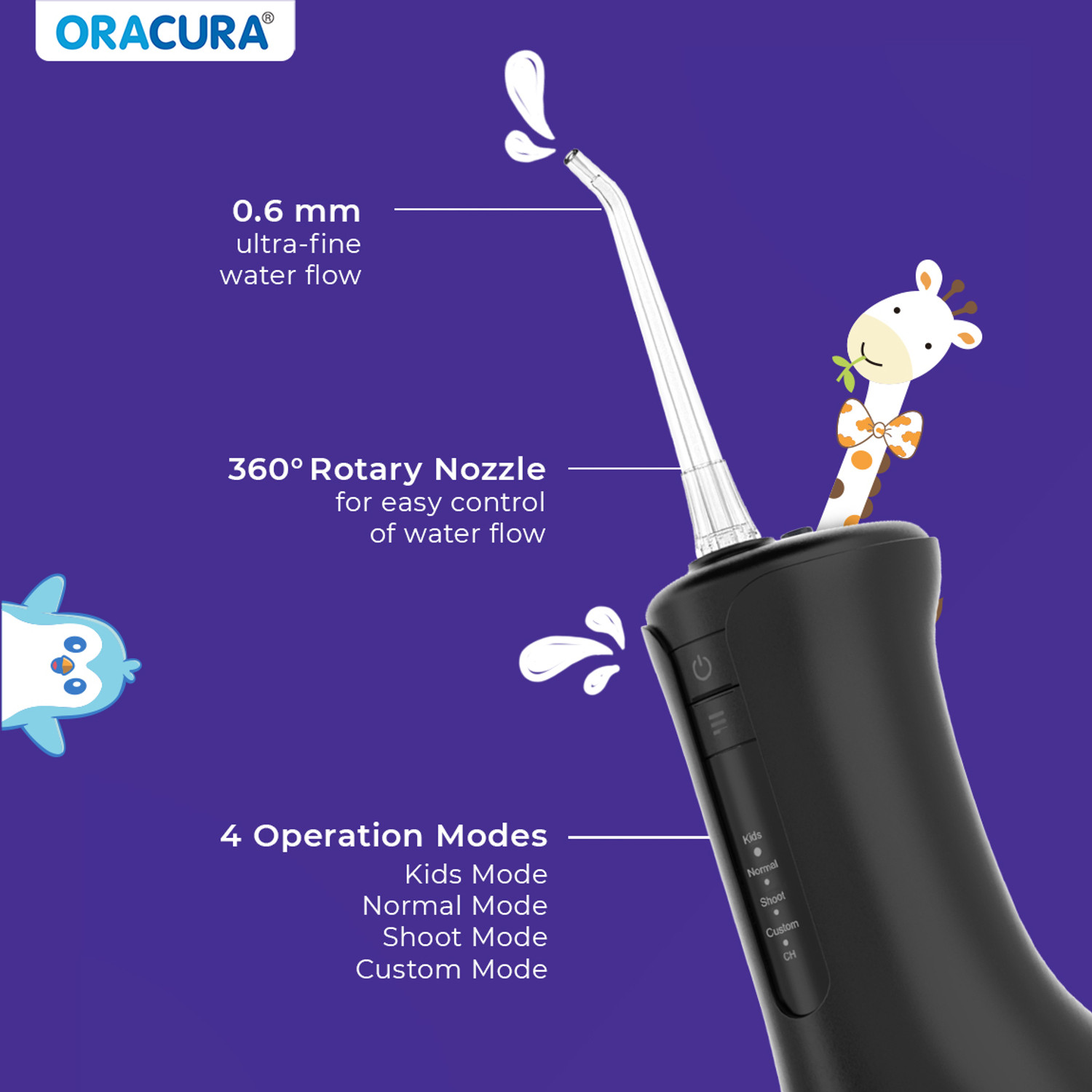 Image of ORACURA OC300 Pro KidsParentCare (Black) with 4 Modes, 200ml & 300ml Tanks with 8 Tips Water Flosser