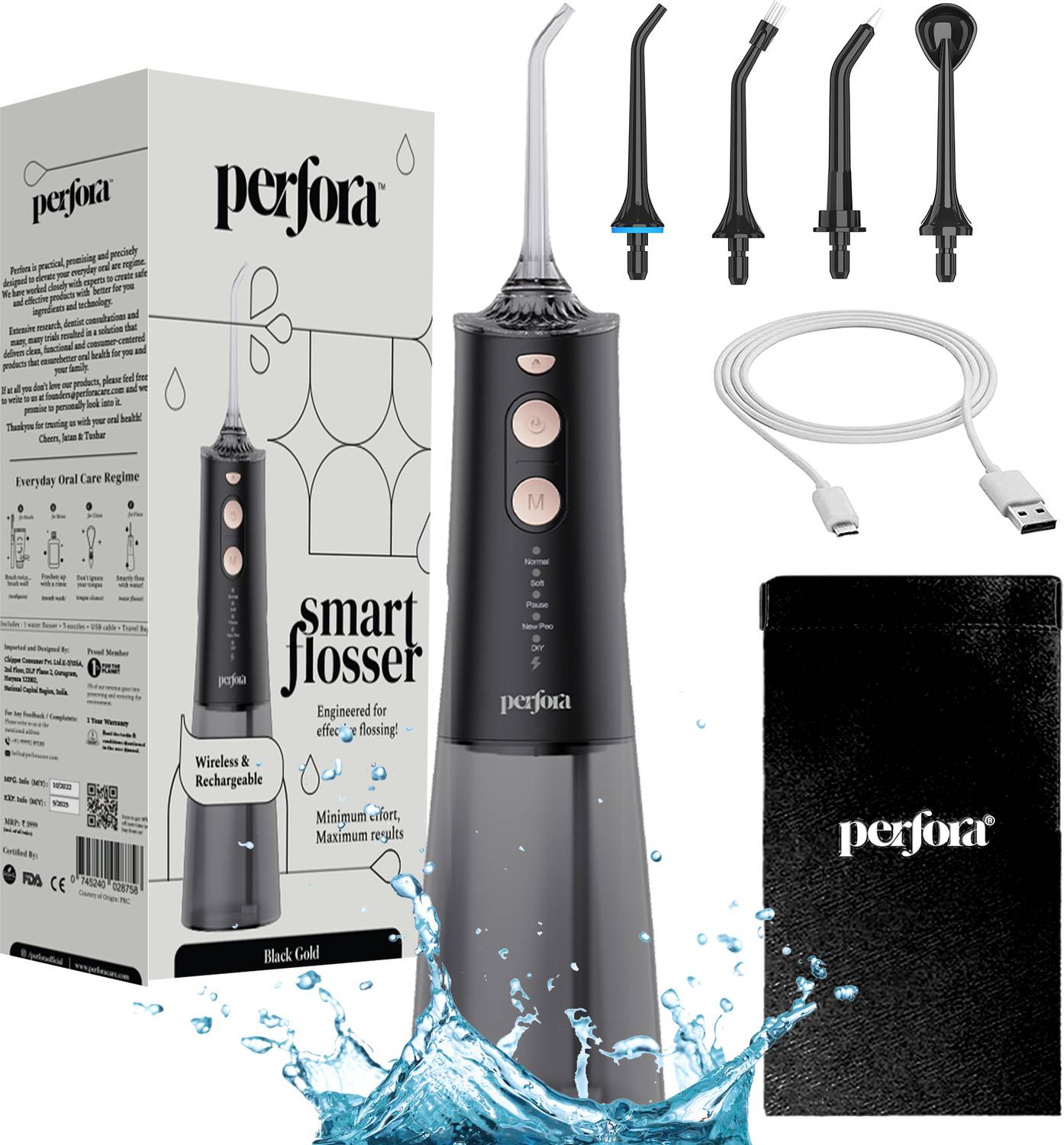 Perfora Smart Water Dental Flosser 220ml Black - Image 1