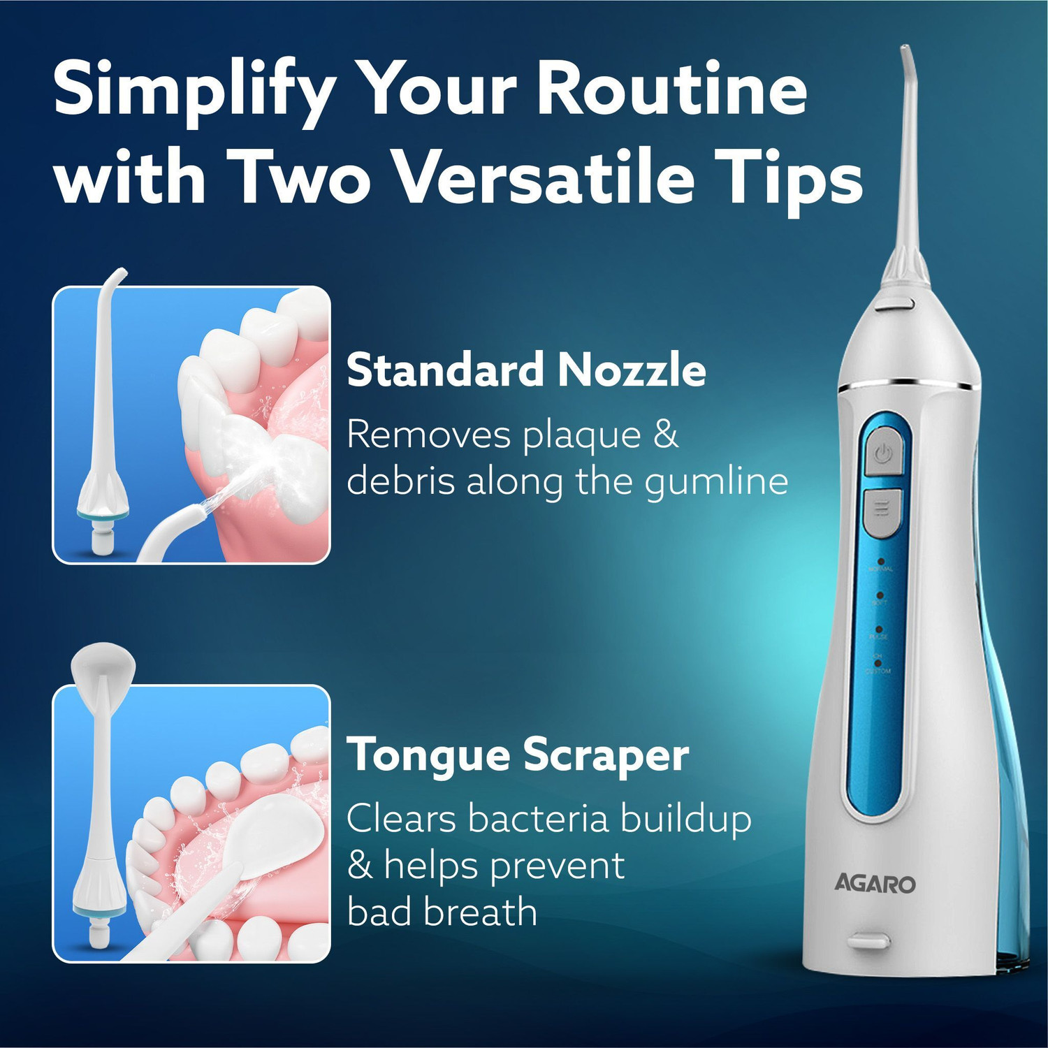 Image of AGARO Royal Dental Flosser for teeth, 2 Nozzles, Portable, Cordless & Rechargeable Water Flosser