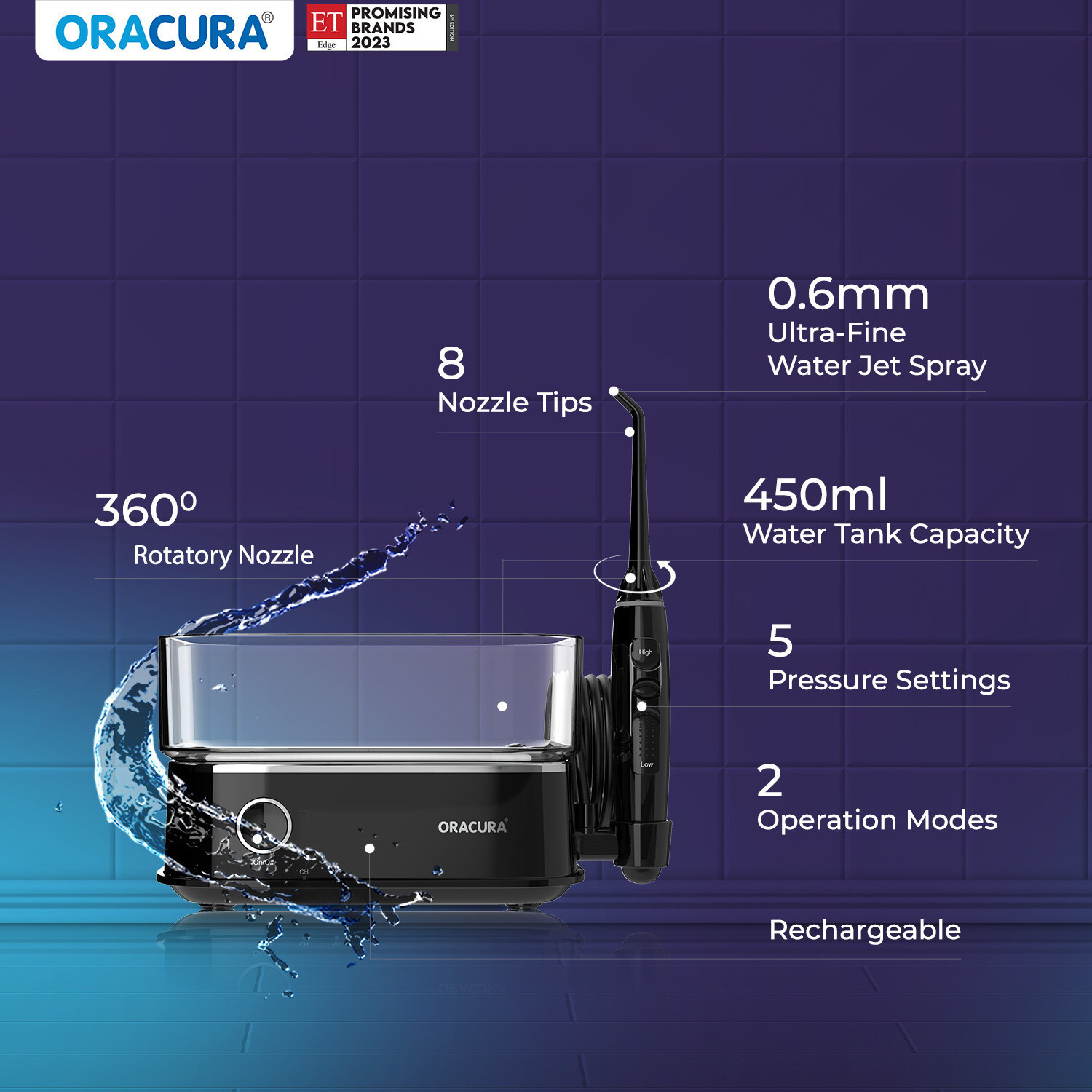 Image of ORACURA OC450 Dental Smart Pro Countertop | 8 Nozzle Tips| 450ml Watertank (Black) Water Flosser