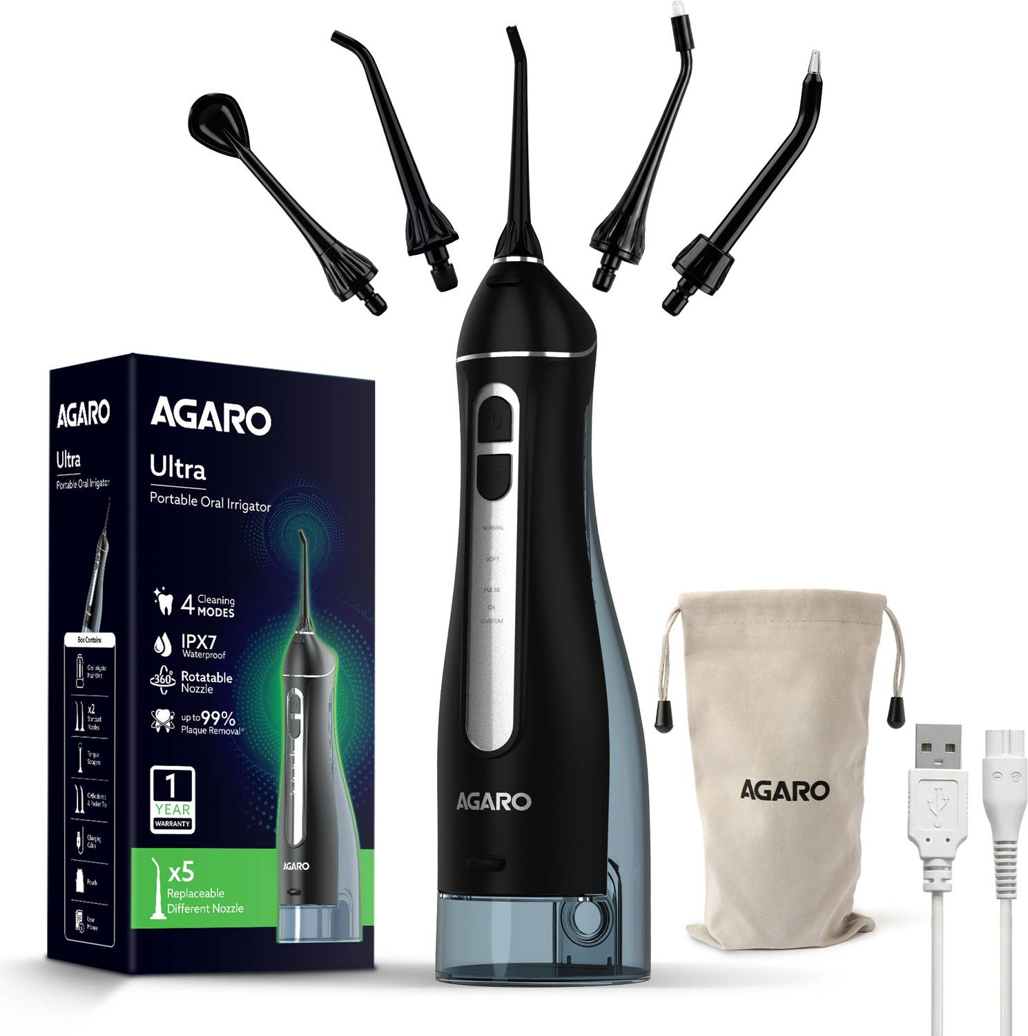 AGARO Ultra Dental Flosser for teeth, 5 Nozzles, Portable,Cordless & Rechargeable Water Flosser