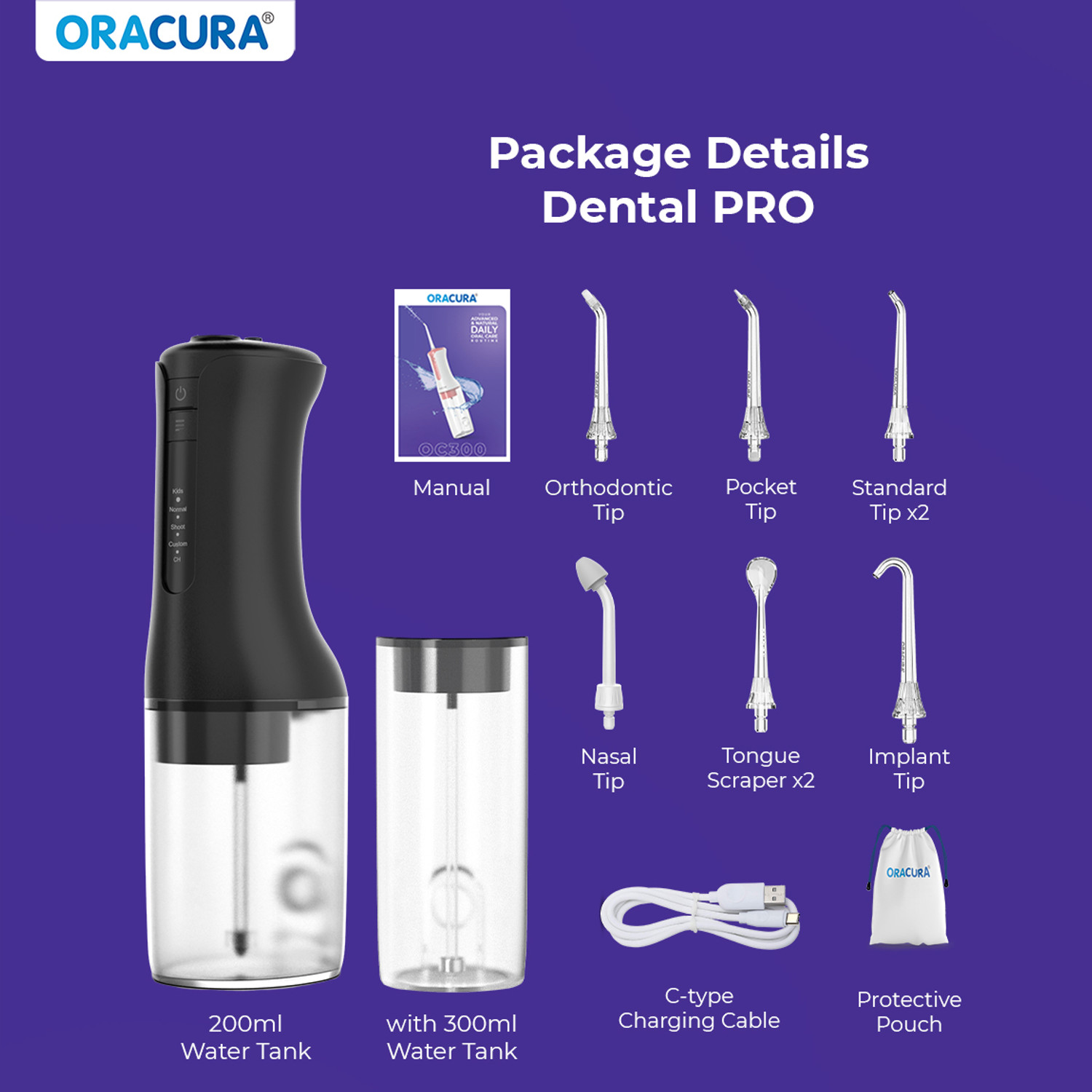 Image of ORACURA OC300 Pro KidsParentCare (Black) with 4 Modes, 200ml & 300ml Tanks with 8 Tips Water Flosser