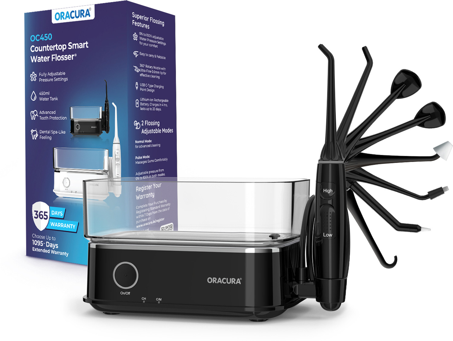 Image of ORACURA OC450 Dental Smart Pro Countertop | 8 Nozzle Tips| 450ml Watertank (Black) Water Flosser