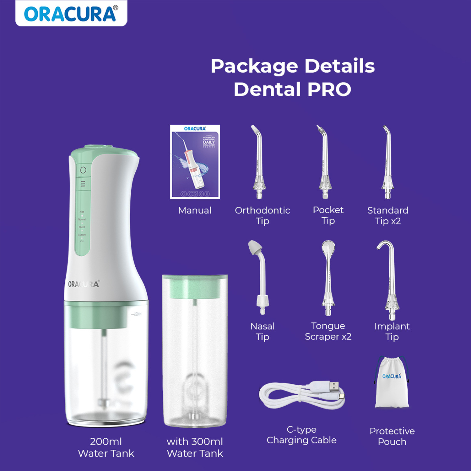 Image of ORACURA OC300 Pro KidsParentCare (Green) with 4 Modes, 200ml & 300ml Tanks with 8 Tips Water Flosser
