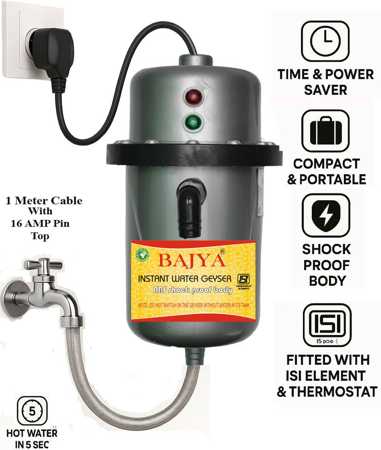Bajya 1 L Instant Water Geyser (for Kitchen/Bathroom 5-Sec Heati