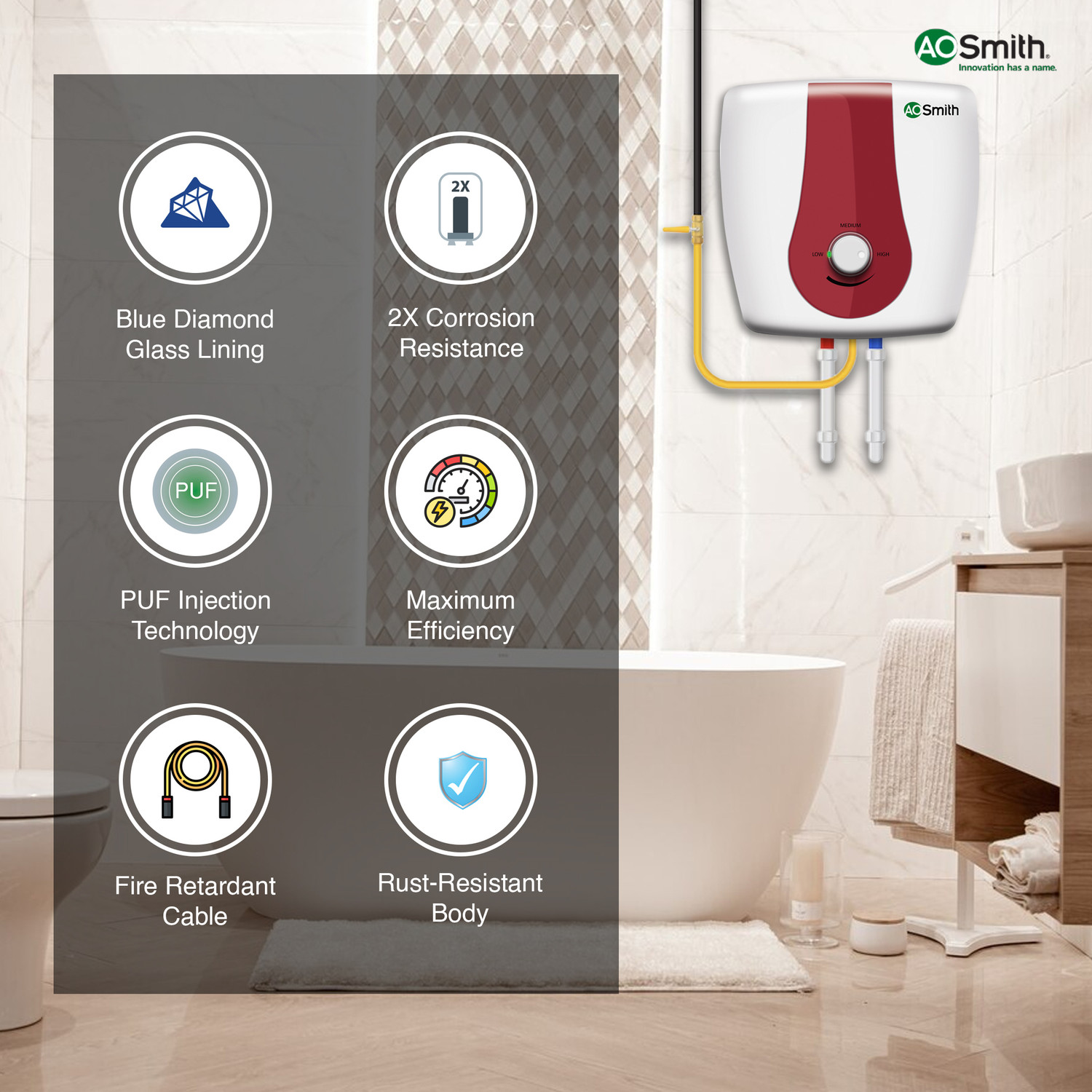 Image of AO Smith SGS-GREEN-025 25 L Storage Water Geyser | 3kW | Vertical | 33% faster heating | Designed for high rise buildings with 8 bar pressure rating | Longer life in hard water conditions with Blue Diamond glass lined tank | BEE 5-star rating for superior energy efficiency and power savings | Free Installation