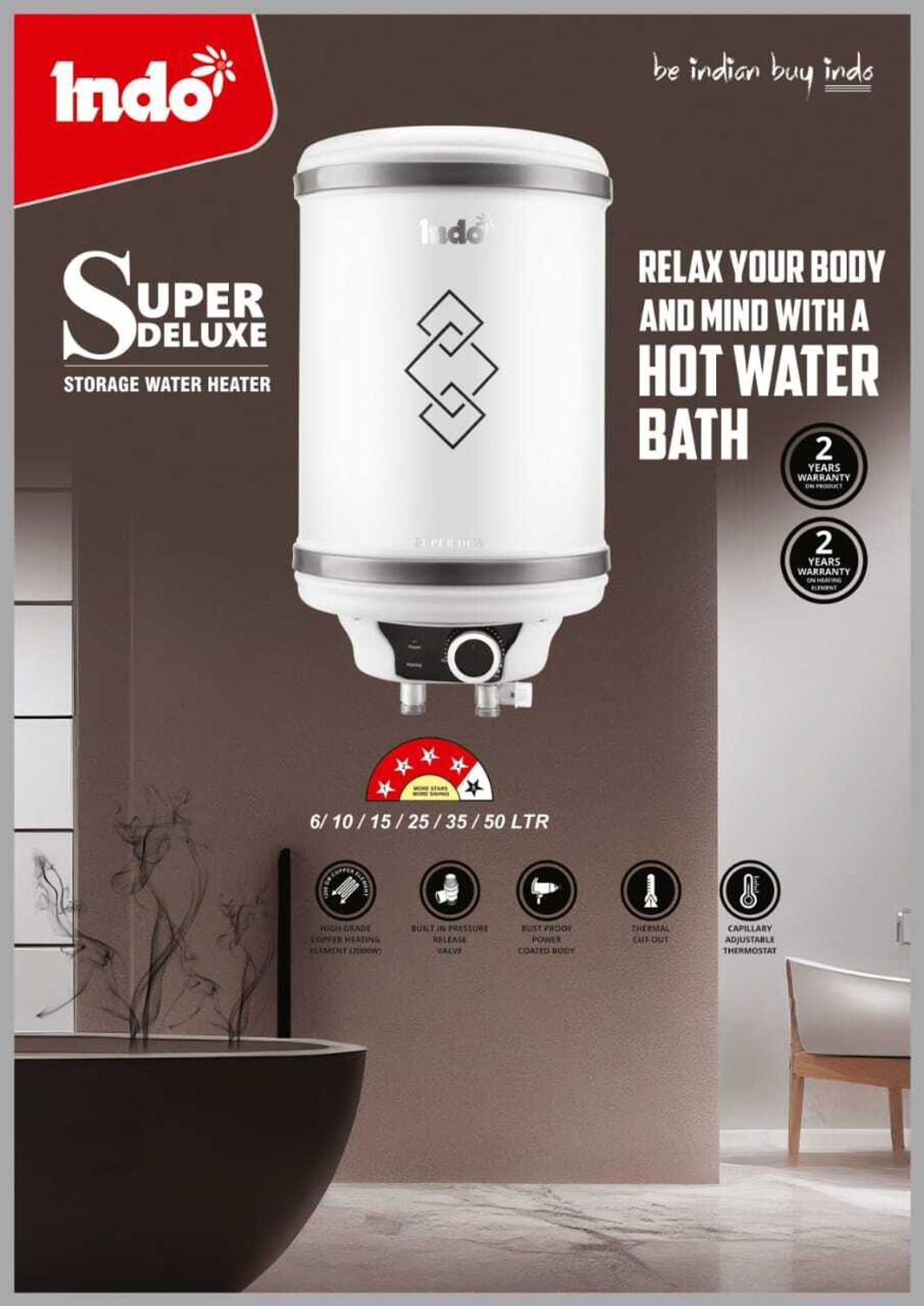 Image of Indo Super Deluxe Storage Water Geyser with INSTALLATION KIT 15 L Storage Water Geyser