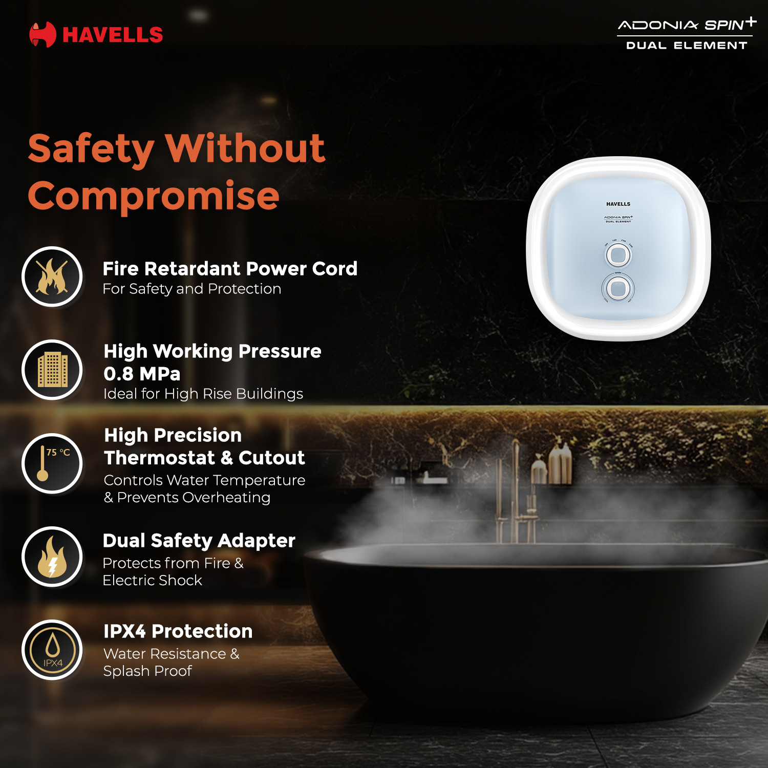 Image of HAVELLS 15 L Storage Water Geyser (Adonia Spin+ 15, White, Blue) (White, Blue)