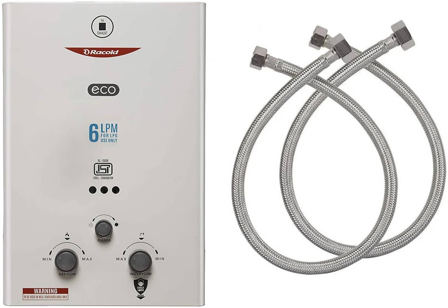 6 L Gas Water Geyser (ECO LPG WITH Racold ALLOY PIPE SET 45CM, Wh
