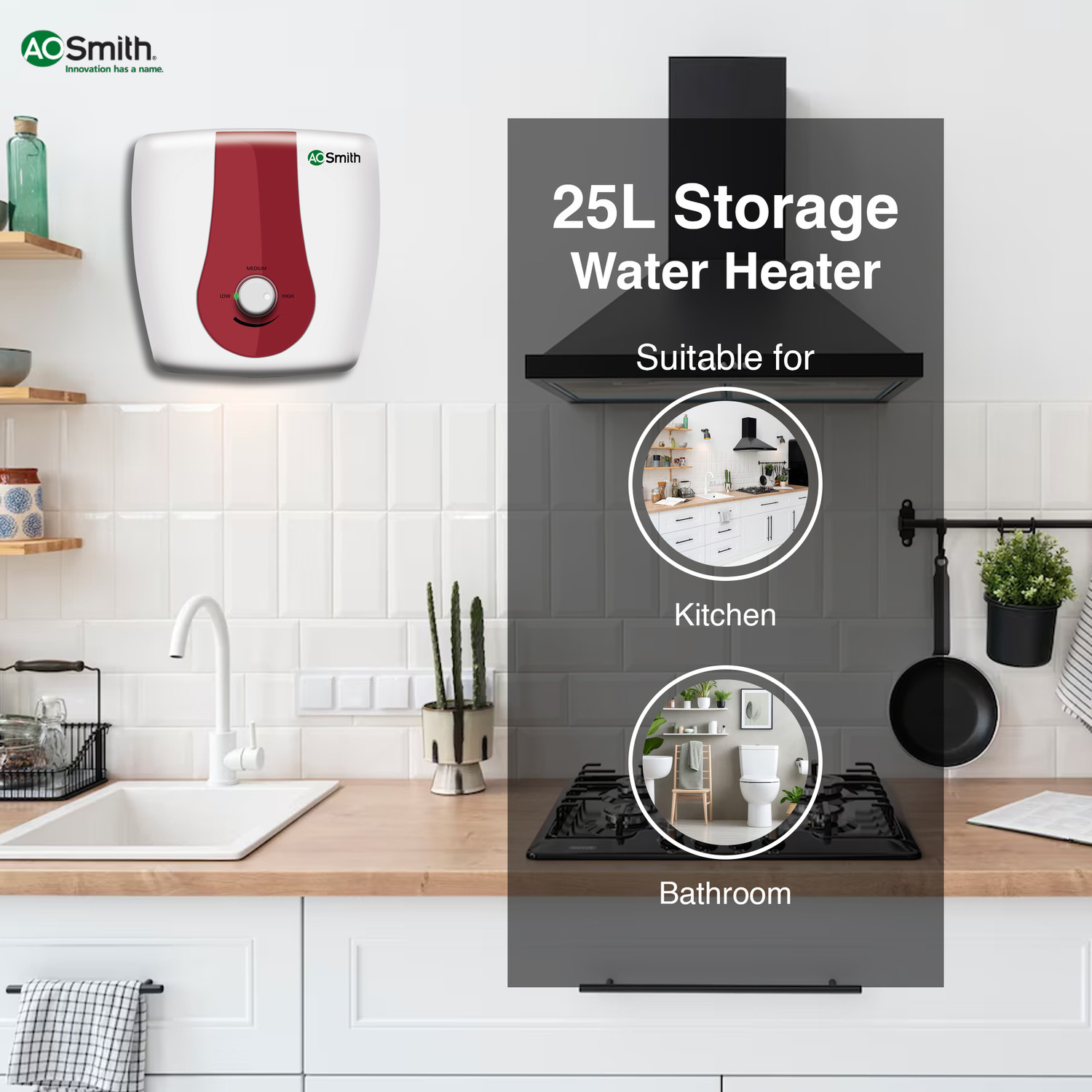 Image of AO Smith SGS-GREEN-025 25 L Storage Water Geyser | 3kW | Vertical | 33% faster heating | Designed for high rise buildings with 8 bar pressure rating | Longer life in hard water conditions with Blue Diamond glass lined tank | BEE 5-star rating for superior energy efficiency and power savings | Free Installation