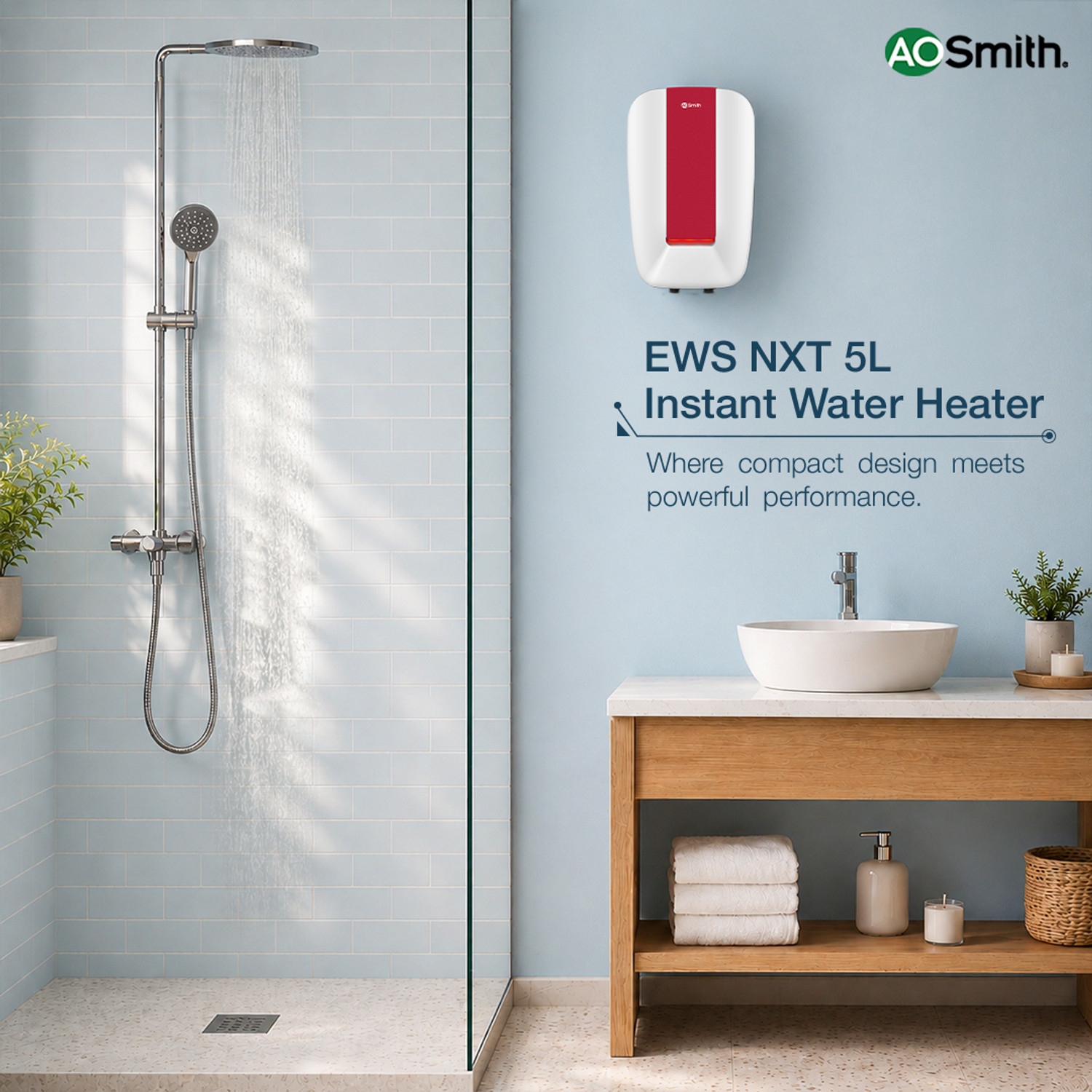 Image of AO Smith EWS NXT 5 L Instant Water Geyser | 3kW | 6.5 Bar High Pressure Rating ideal for high rise buildings | Dual LED Indicator with Premium Compact Design |