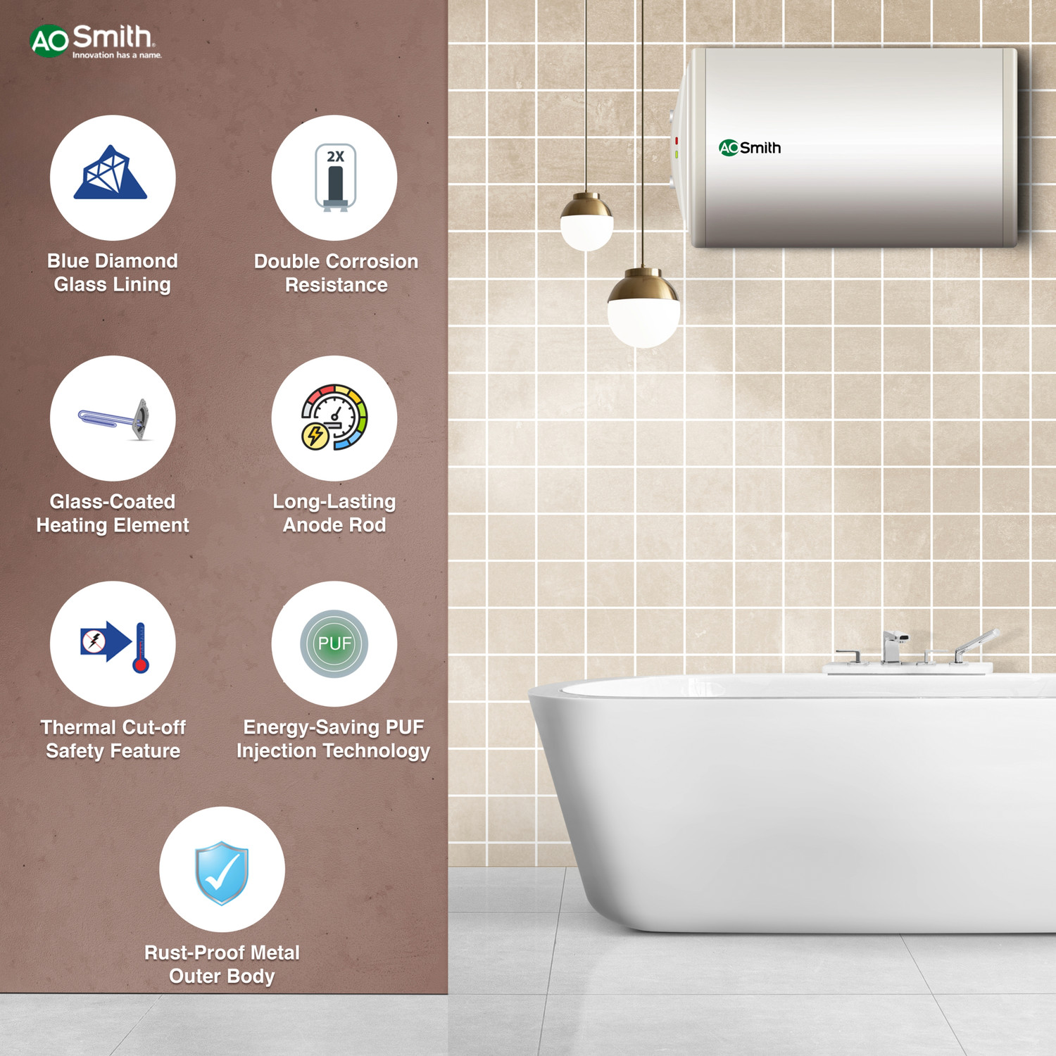 Image of AO Smith HAS-X1-015 15 L Storage Water Geyser | RHS | 2kW | Horizontal | Designed for high rise buildings with 8 bar pressure rating | Longer life in hard water conditions with Blue Diamond glass lined tank | BEE 4-star rating for high energy efficiency and power savings | Free Installation