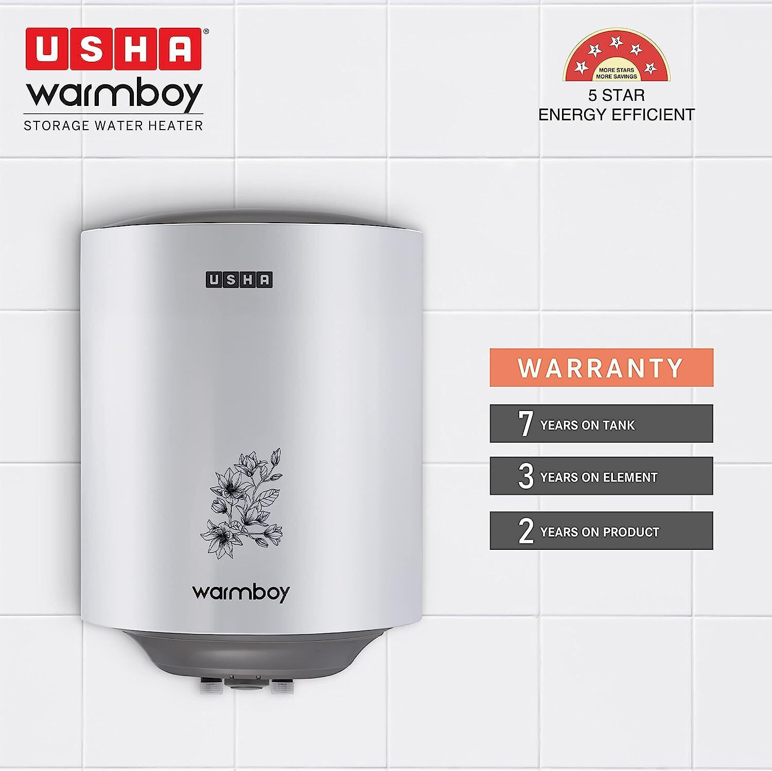 Image of USHA WARMBOY 10 L 10 L Storage Water Geyser | 5 Star BEE Energy Rating | Glassline Coated Tank