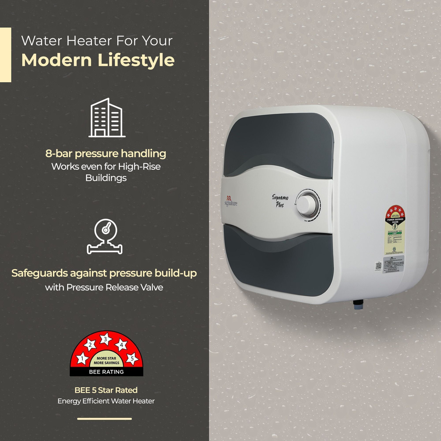 Image of RR 15 L Storage Water Geyser 5 Star BEE Energy Rating | Glassline Tanked (Supremo Plus 15 L Storage Water Heater 5 Star | With Free Pipe & Installation, NA) (NA)
